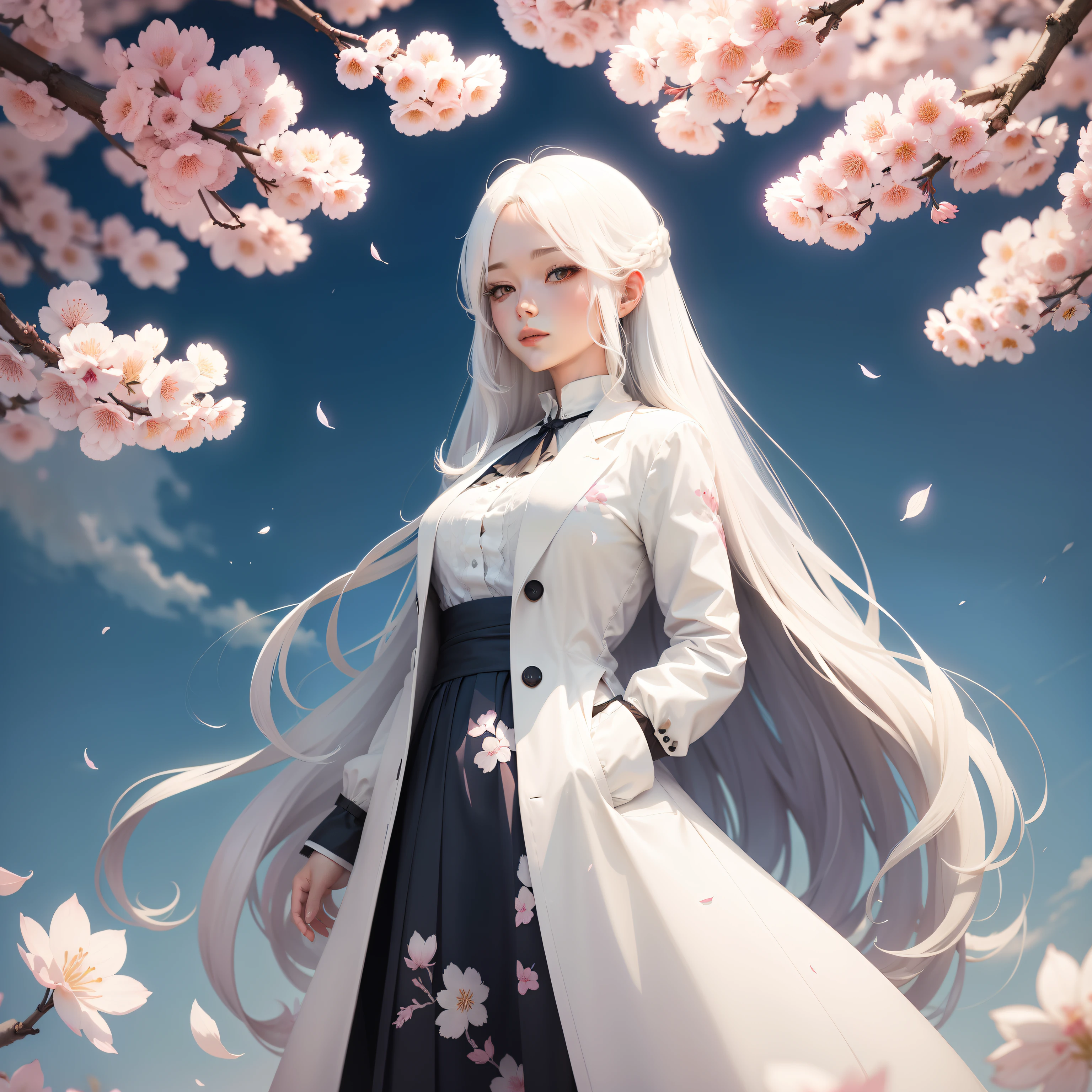 a beautiful 1woman long white hair standing, open jacket white shirt, posing under sakura blossoming petals flowers, ink splat, light particles watercolor painting, soft pastel style, blue sky,