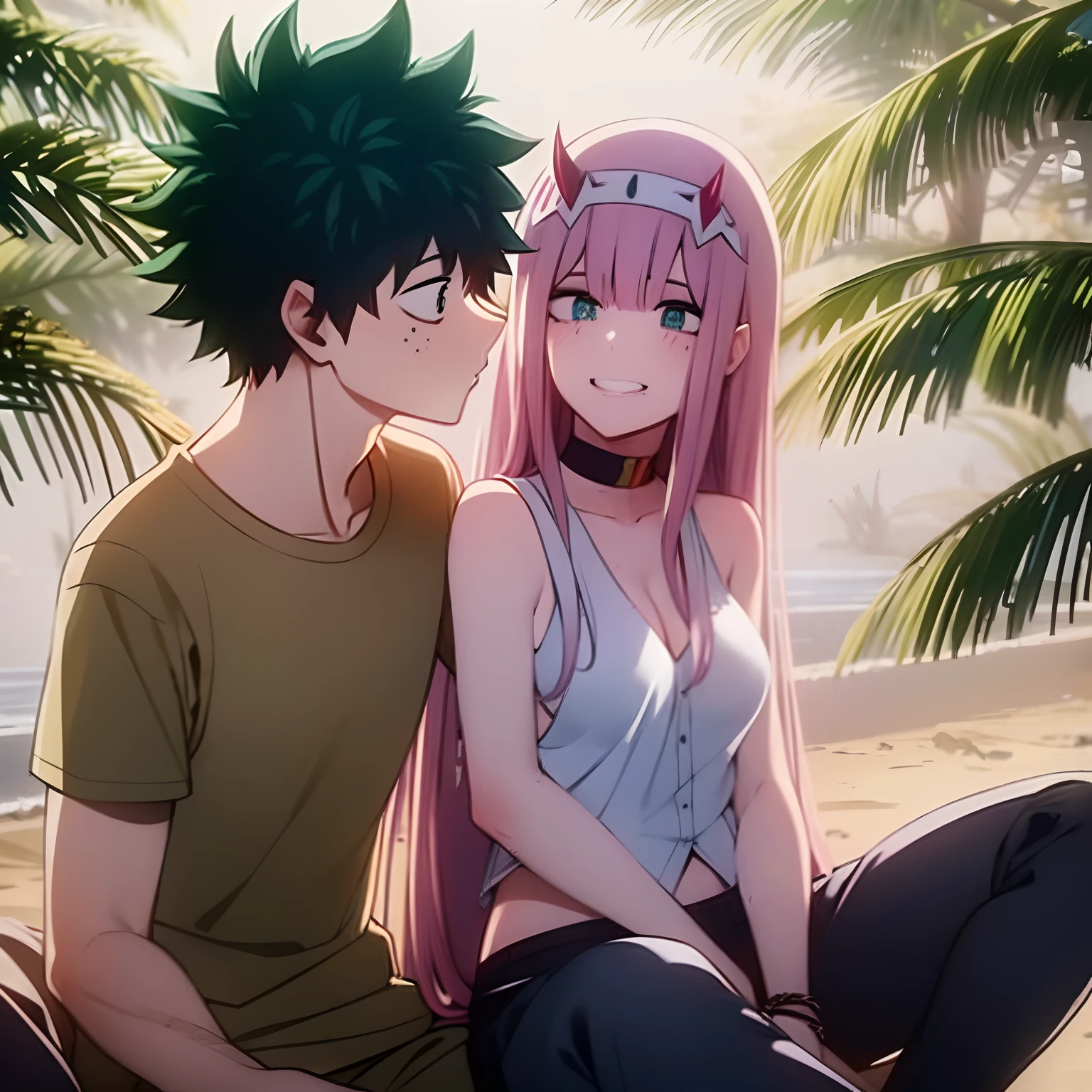 zero two, 1girl, zero two naked_shirt,vest_print:, izuku from bnha, izuku and zero two being a lovey dovey couple very affective in a beach, izuku with pants and pullover, love , happy, ,1girl, sitting, kiss