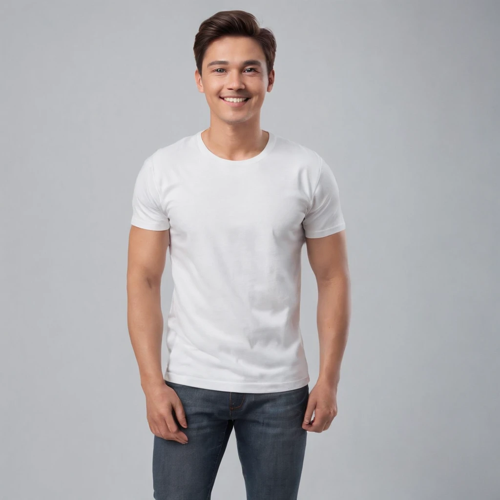 (photo: 1.3) af (photorealism: 1.3), male avatar, soft light, facial focus, (((white t-shirt))) happy, cheerful, smiling, warm light, ((solid color background)),( (gray background)). ((gray wall background)), profile picture, (long or short hair), smile, handsome, young,, short hair, smile