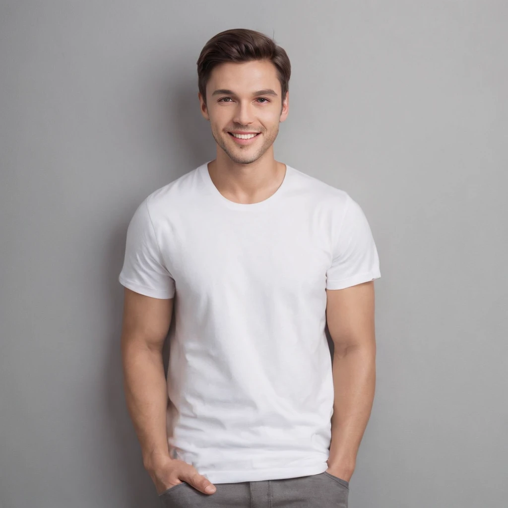 (photo: 1.3) af (photorealism: 1.3), male avatar, soft light, facial focus, (((white t-shirt))) happy, cheerful, smiling, warm light, ((solid color background)),( (gray background)). ((gray wall background)), profile picture, (long or short hair), smile, handsome, young,, short hair, smile