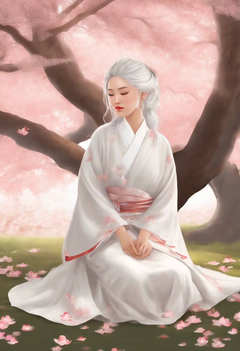 Young woman with white hair sitting under a tree, cabelos muito longos e volumosos e vestes compridas, inspired by Sōami, inspirado em Otake Chikuha, sakura petals around her, palace，Uma menina em Hanfu, inspiradoem Fu Baoshi, illustration!, inspired by Lü Ji, inspirado em Yun Du-seo, Arte conceitual tradicional japonesa, flowing white robes, detalhe o rosto, sorriso discreto e bonito, ela olha para o interlocutor