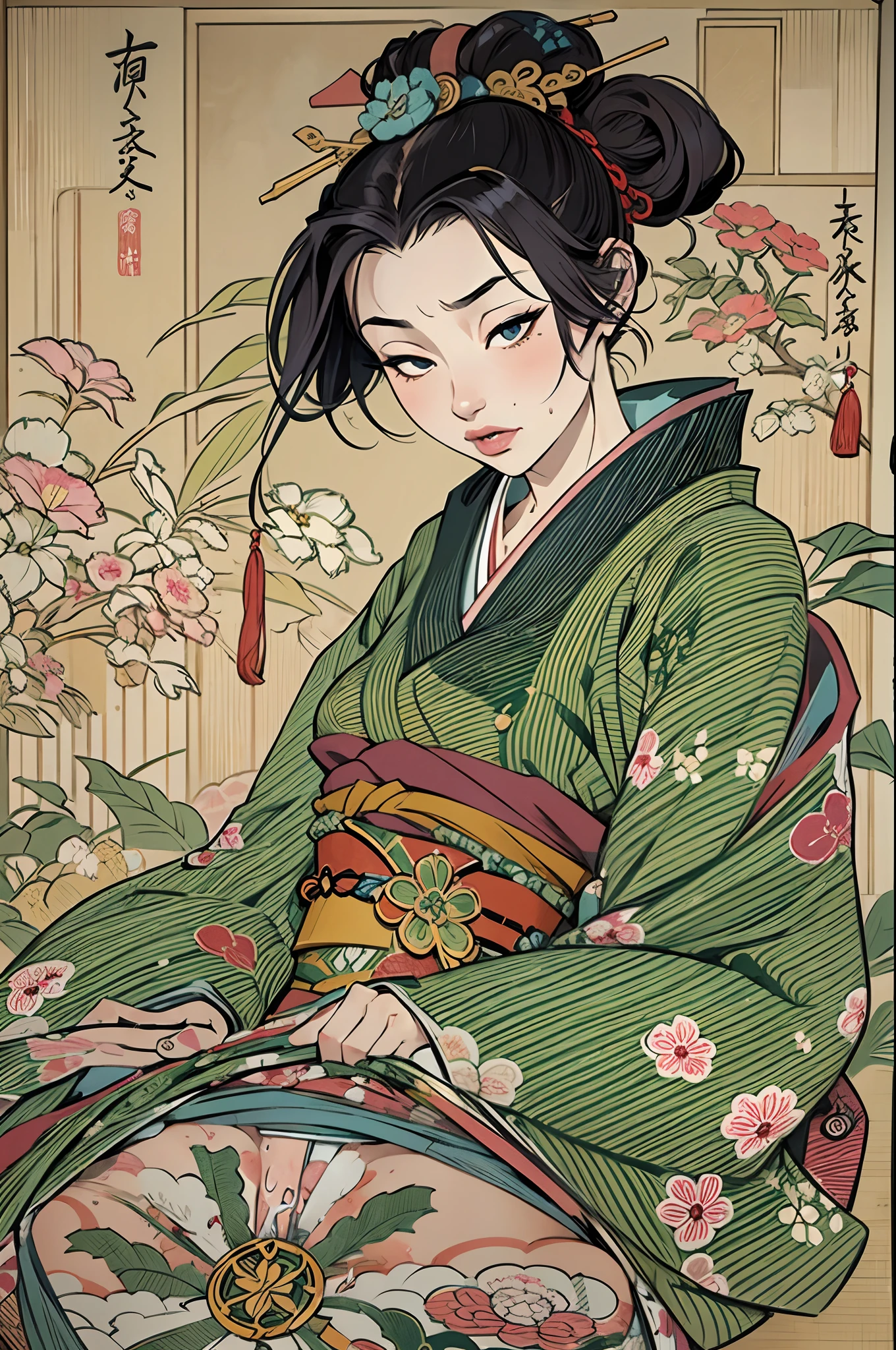 ((nsfw)),Sharaku,Portrait of a woman,Her breasts are visible.,it is centered in the middle of the image, some Japanese effects and embellishments scattered throughout the photo