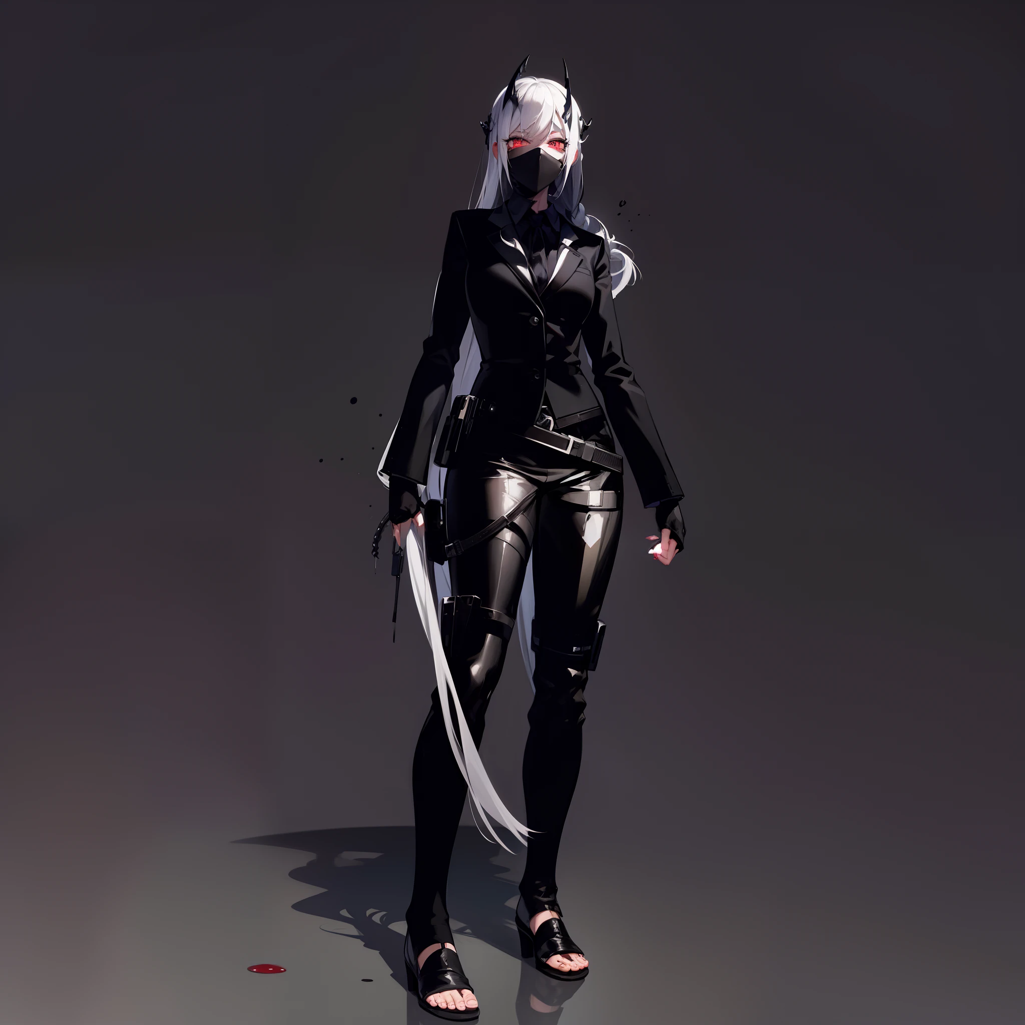 masterpiece,(bestquality),highlydetailed,ultra-detailed,dark,Business suit,1girl,bishoujo,stare,red eyes,beautiful detailed eyes,long hair,white hair,silver_hair,Wing-like bangs,Dull hair,ahoge,Hair rings,Fishtail braided princess head, cold,expressiveless,(Face Shadow:1.3),dark, mysterious, lone, (1killer), intense eyes, shadowy figure, (black suit), (silencer:0.5), (blade:0.7), (blood splatters), (smoke:0.3), (nighttime), moonlit scene