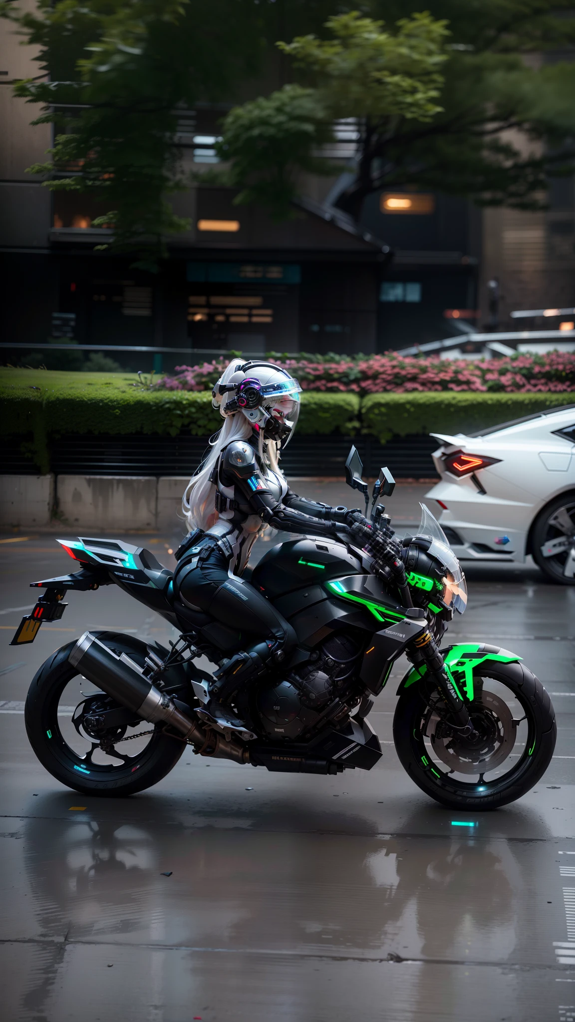 Cute cyberpunk female knight,Long flowing white hair,Black mech costume,Sophisticated white tech helmet,Nousr, Biomechanicals, MSHN Robot Woman,High-tech helmet,hyper realisitc, Steel, Complex design, insanely details, finely detailled, Extremely clear lines, cinmatic lighting, photograph realistic, A detailed masterpiece