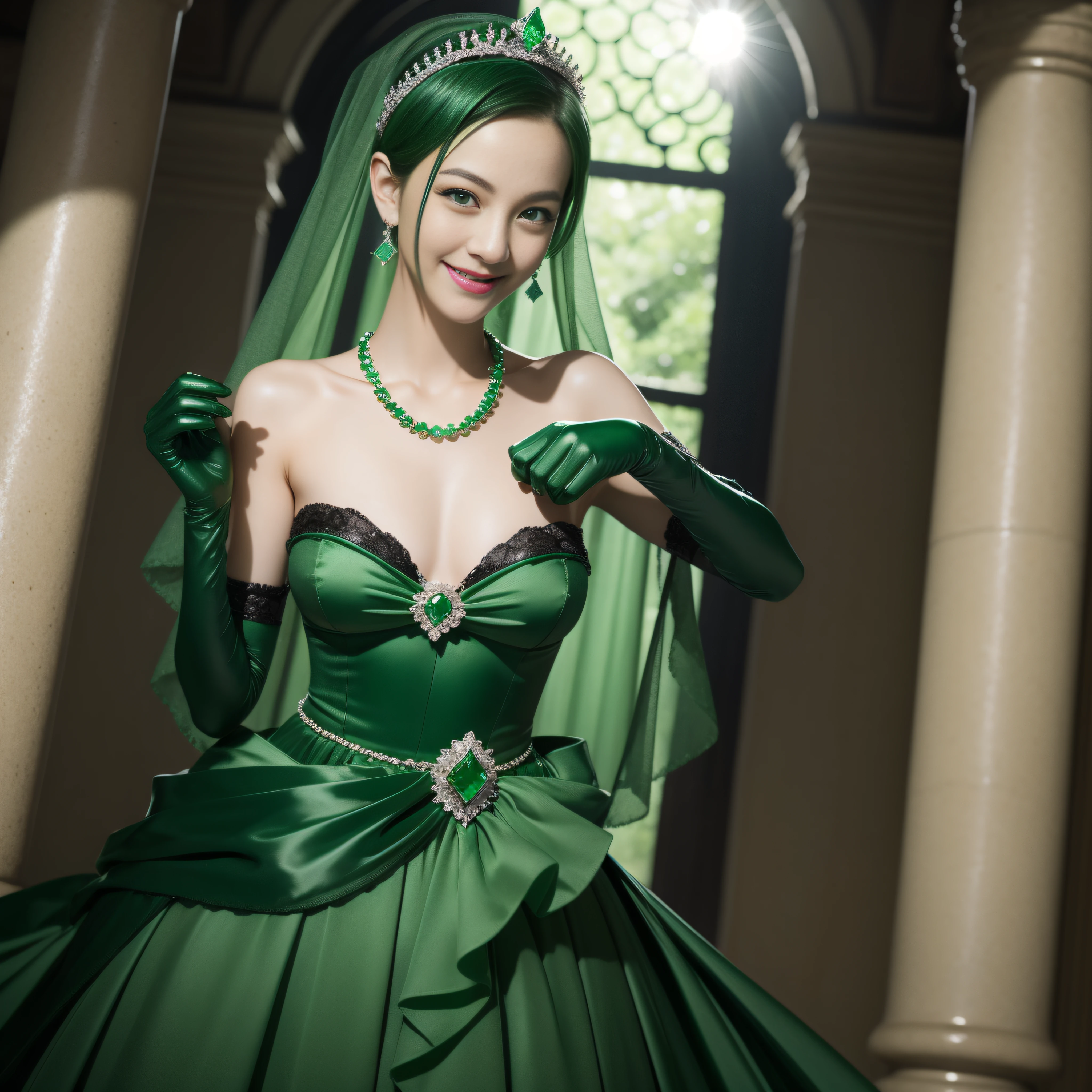 emerald tiara, Green Pearl Necklace, Boyish very short green hair, lipsticks, Japan woman smiling, Long green gloves made of satin material, very short short hair, Guts Pose, Green eyes