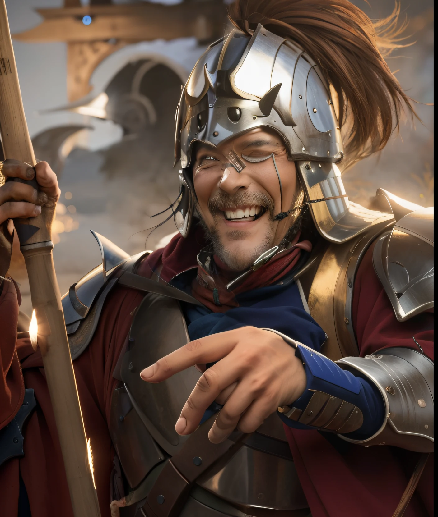 Close up portrait of laughing man in armor holding a stick