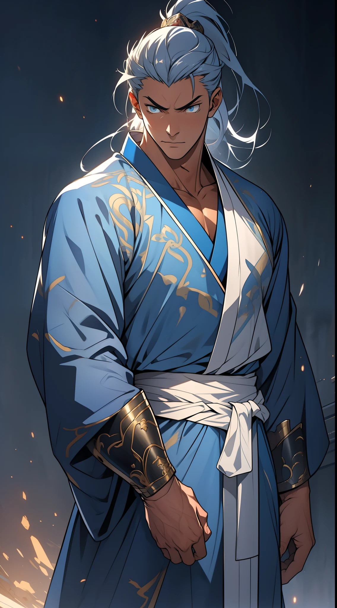 quadratic element,style of anime,mtu(Male Warrior),The proportions are correct,Face details,swordsmen,High ponytail hairstyle,Neck details,There is an Adam's apple,Blue suit,kaftan,long blue robes,clothes details,Handing over,longer sleeves,Game quality,Swordsmanship,Light and shadow tracking,Ray traching,detailed glow,cg render,hair detail,cabelos preto e longos,blue colored eyes,Handsome,Handsome,(juvenile sense),Clothing is complicated,Perfectcomposition,Refinement,high qulity,higher details,Lots of details,The background is complex,a sense of atmosphere,