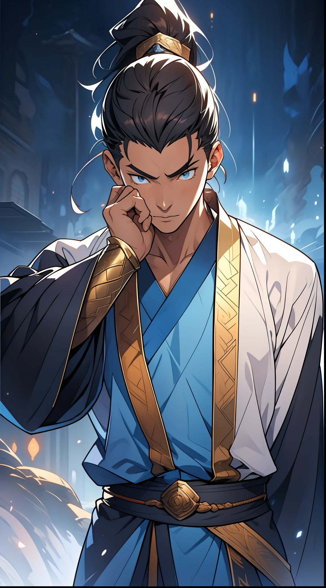 quadratic element,style of anime,mtu(Male Warrior),The proportions are correct,Face details,swordsmen,High ponytail hairstyle,Neck details,There is an Adam's apple,Blue suit,kaftan,long blue robes,clothes details,Handing over,longer sleeves,Game quality,Swordsmanship,Light and shadow tracking,Ray traching,detailed glow,cg render,hair detail,cabelos preto e longos,blue colored eyes,Handsome,Handsome,(juvenile sense),Clothing is complicated,Perfectcomposition,Refinement,high qulity,higher details,Lots of details,The background is complex,a sense of atmosphere,