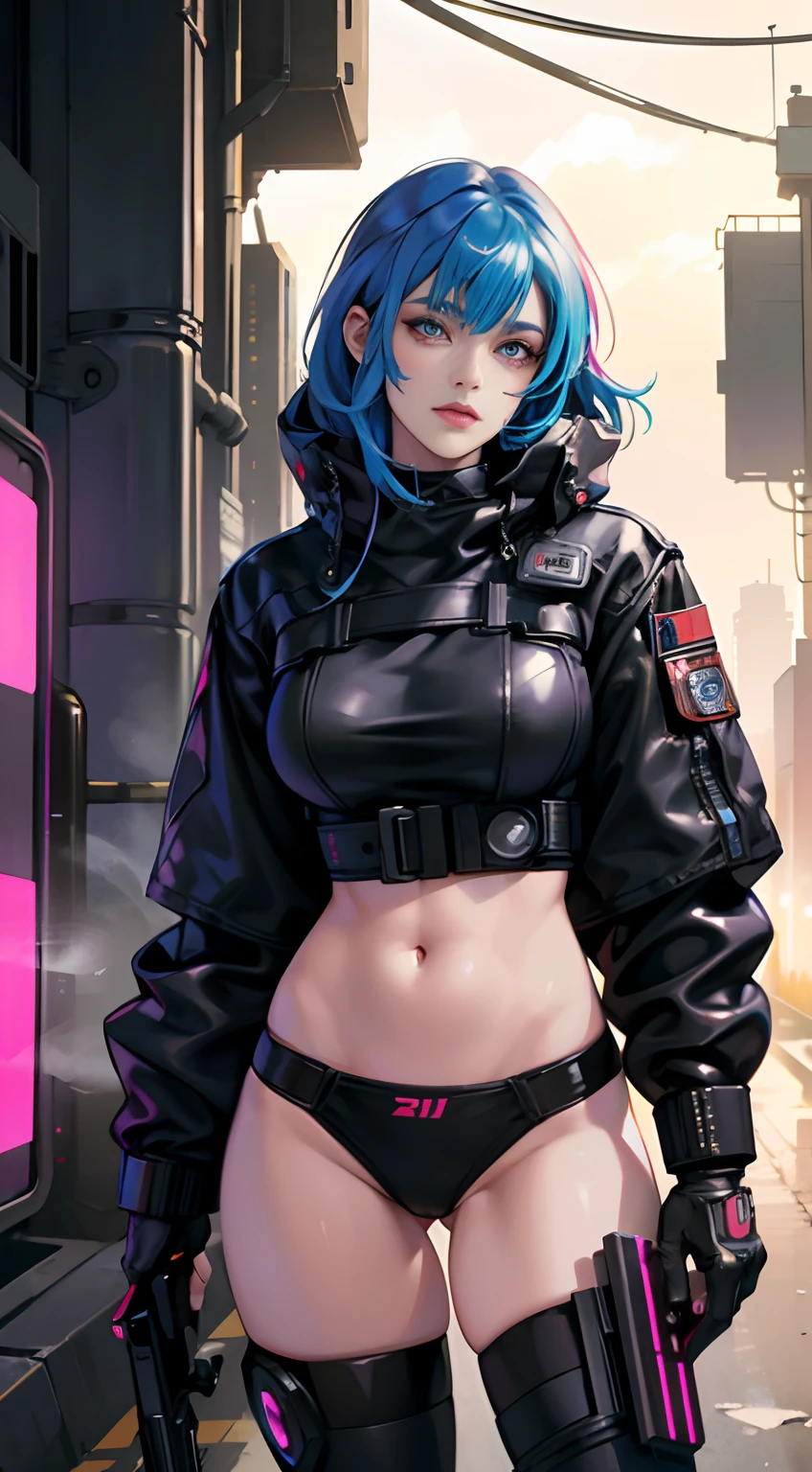 Fix hair, female cyborg,pussy,busty,pubic hair,glamour,psychedelic costume,armored,A Cyberpunk dystopian girl,fantasic dystopia,dystopian scape,bladerunner,ghost in the shell,photorealistic,psychedelic colourful tone,posing,armed,guns,weapons,masterpiece,detailed,8k
