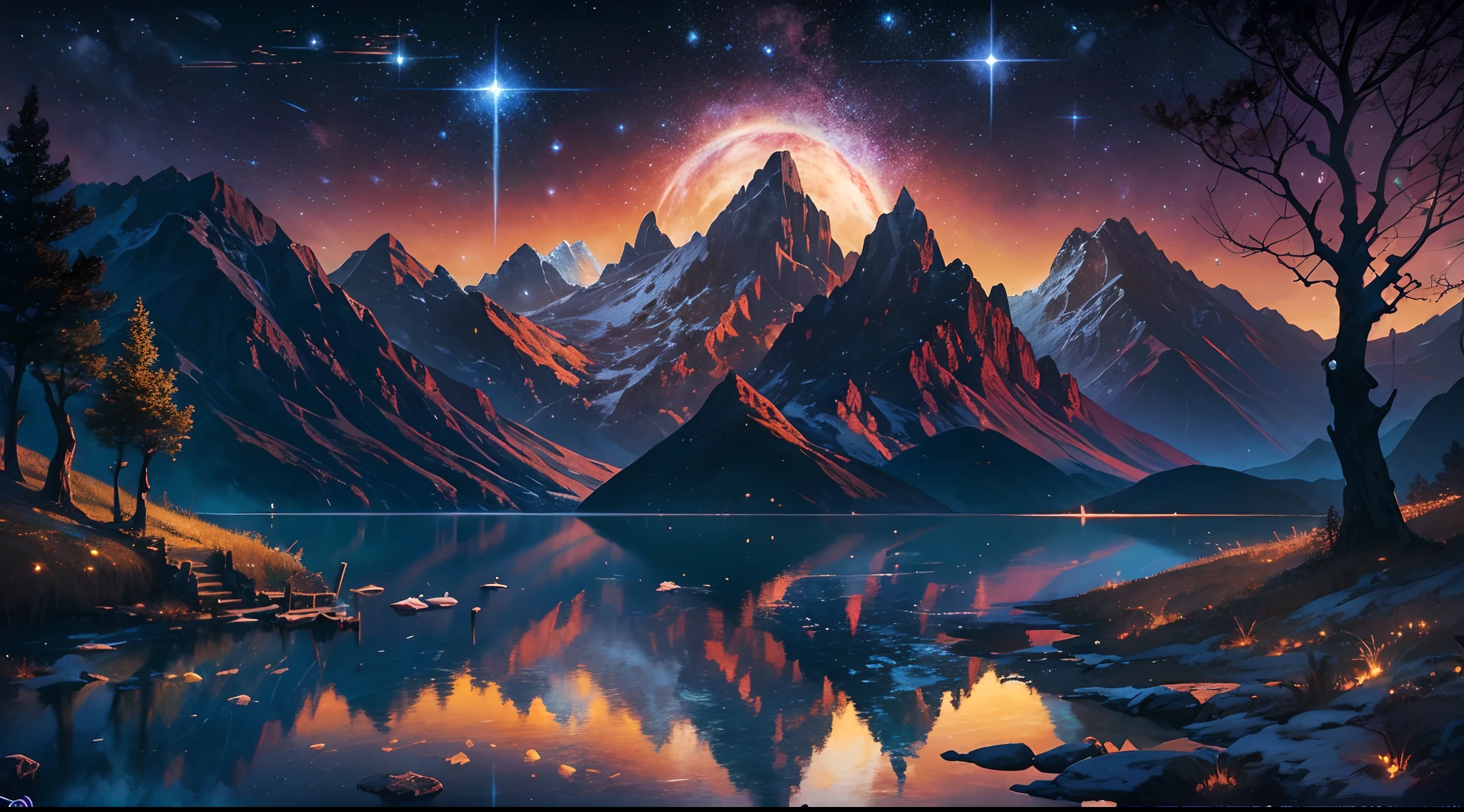 starry night sky with stars and mountains reflected in a lake, 4k highly detailed digital art, 8k stunning artwork, 4k detailed digital art, 8k high quality detailed art, dan mumford and albert bierstadt, epic fantasy sci fi illustration, anton fadeev and dan mumford, sci-fi fantasy wallpaper, impressive fantasy landscape, 8k hd wallpaper digital art