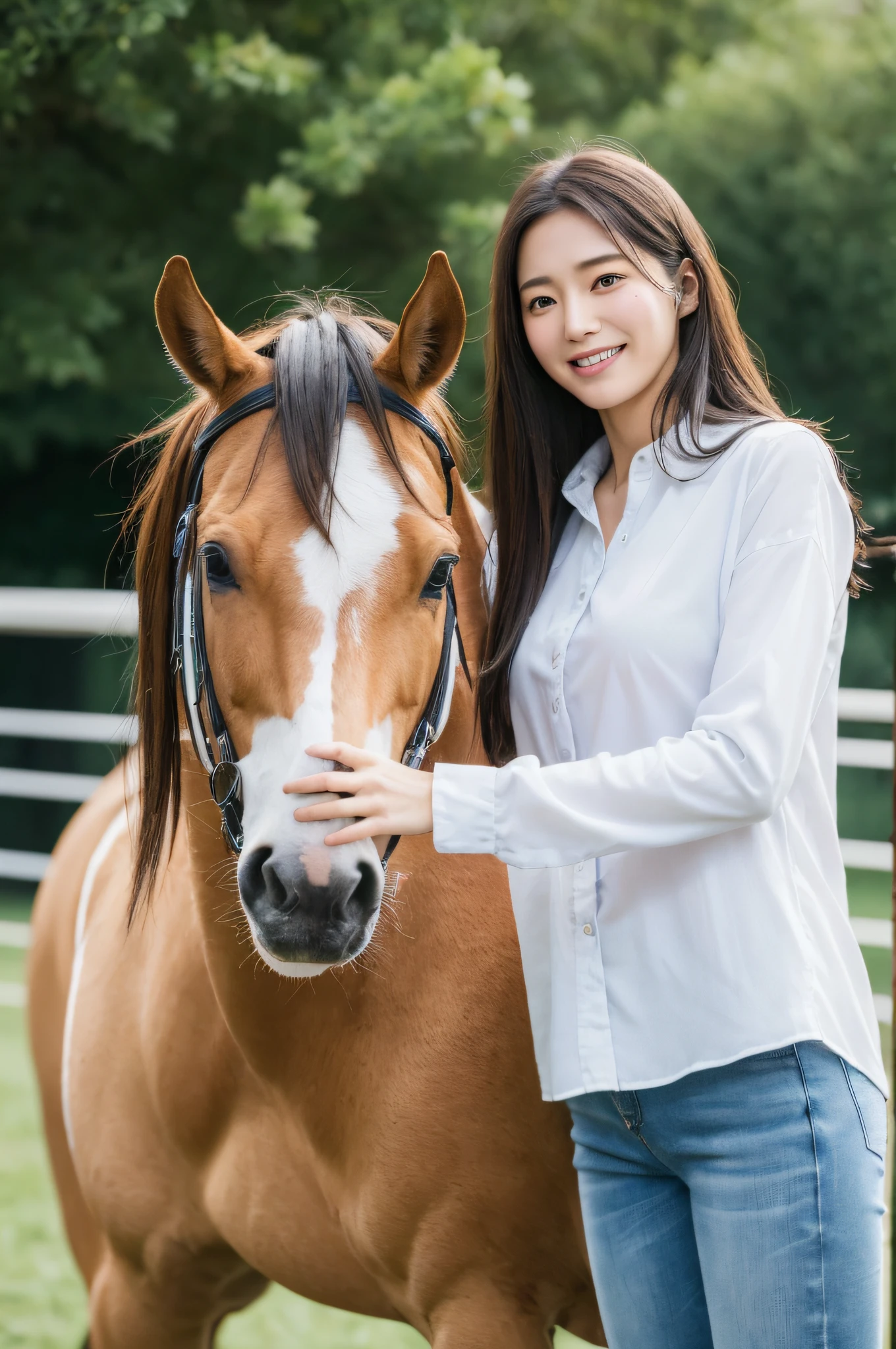 ((Best Quality, 8K, masutepiece :1.3)),Full body,1girl in,Ultra-detailed face, Detailed eyes, 20yr old、A Japanese Lady、Height 160cm、Double eyelids、whiteshirt、denim pant、mont、blue-sky、grass field、Stand beside the horse、Brown horse,A slight smil、Petting a horse