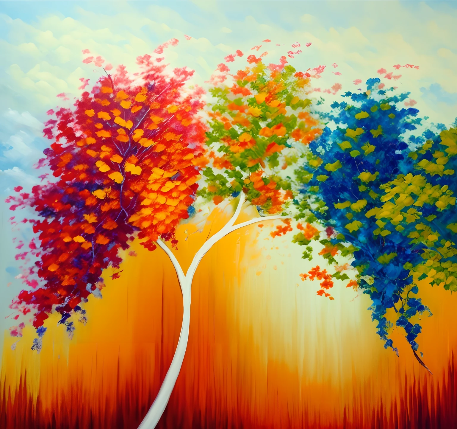 painting of three trees with colorful leaves on a white background, colorful trees, arte bonita, pintura colorida, acrylic paint on canvas, acrylic art, awesome art, impasto tinta, pintura impasto, pintura de alta qualidade, ntricate oil painting, Coloridos, colorido bonito, pintura para parede, arte tradicional, pintura colorida, pintura de arte, arte colorida
