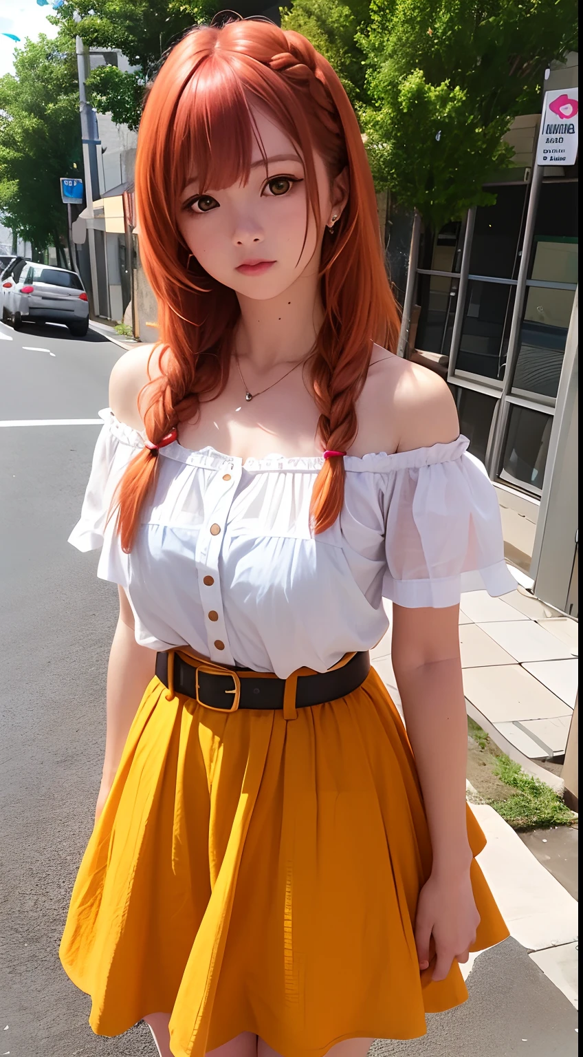 aika, 1girl, solo, long hair:0.9, looking at viewer, blush, bangs, closed mouth, green eyes, braid, orange hair, shy, tsundere, jewelry, collarbone, off-shoulder shirt, white shirt, puffy short sleeves, belt, skirt, floral print, bare legs, city, absurdres, 8k, beatifull lamppost,  beatifull lights, huge breast