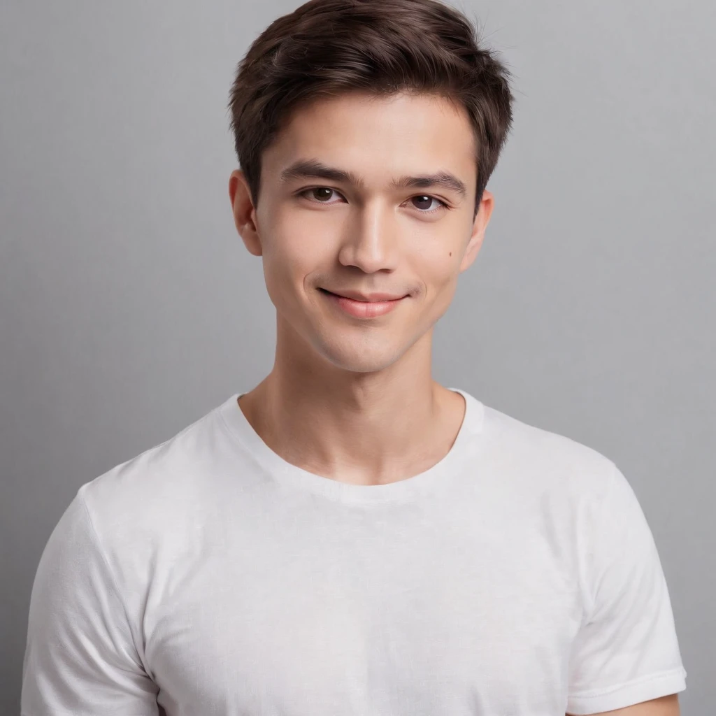 (photo: 1.3) af (photorealism: 1.3), male avatar, soft light, facial focus, (((white t-shirt))) happy, cheerful, smiling, warm light, ((solid color background)),( (gray background)). ((gray wall background)), profile picture, (long or short hair), smile, handsome, young,, short hair, smile,(close-up)