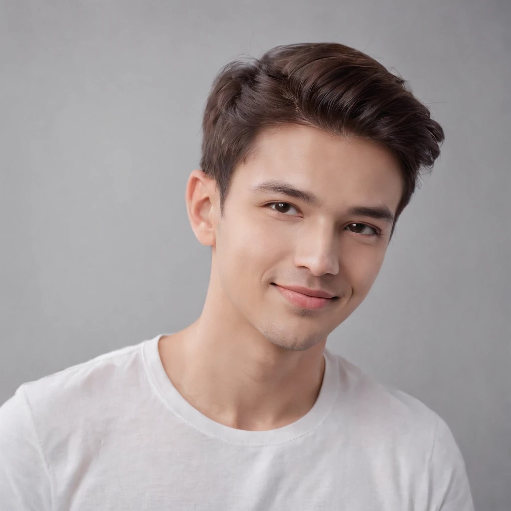 (photo: 1.3) af (photorealism: 1.3), male avatar, soft light, facial focus, (((white t-shirt))) happy, cheerful, smiling, warm light, ((solid color background)),( (gray background)). ((gray wall background)), profile picture, (long or short hair), smile, handsome, young,, short hair, smile,(close-up)
