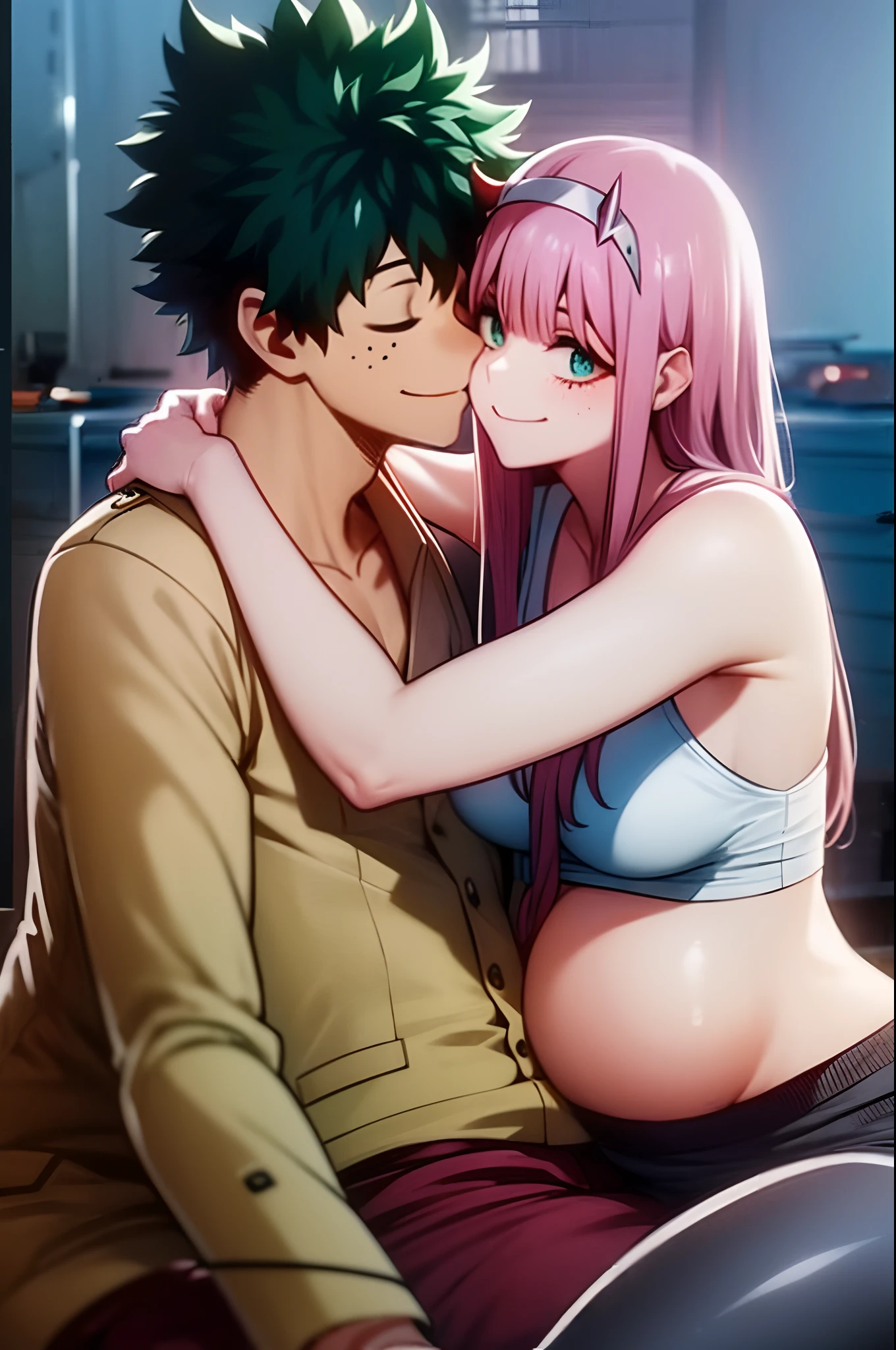 zero two, 1girl, zero two naked_shirt,vest_print:, izuku from bnha, izuku and zero two being a lovey dovey couple very affective in a beach, izuku with pants and pullover, love , happy, ,1girl, hug, zero two (pregnant),sitting