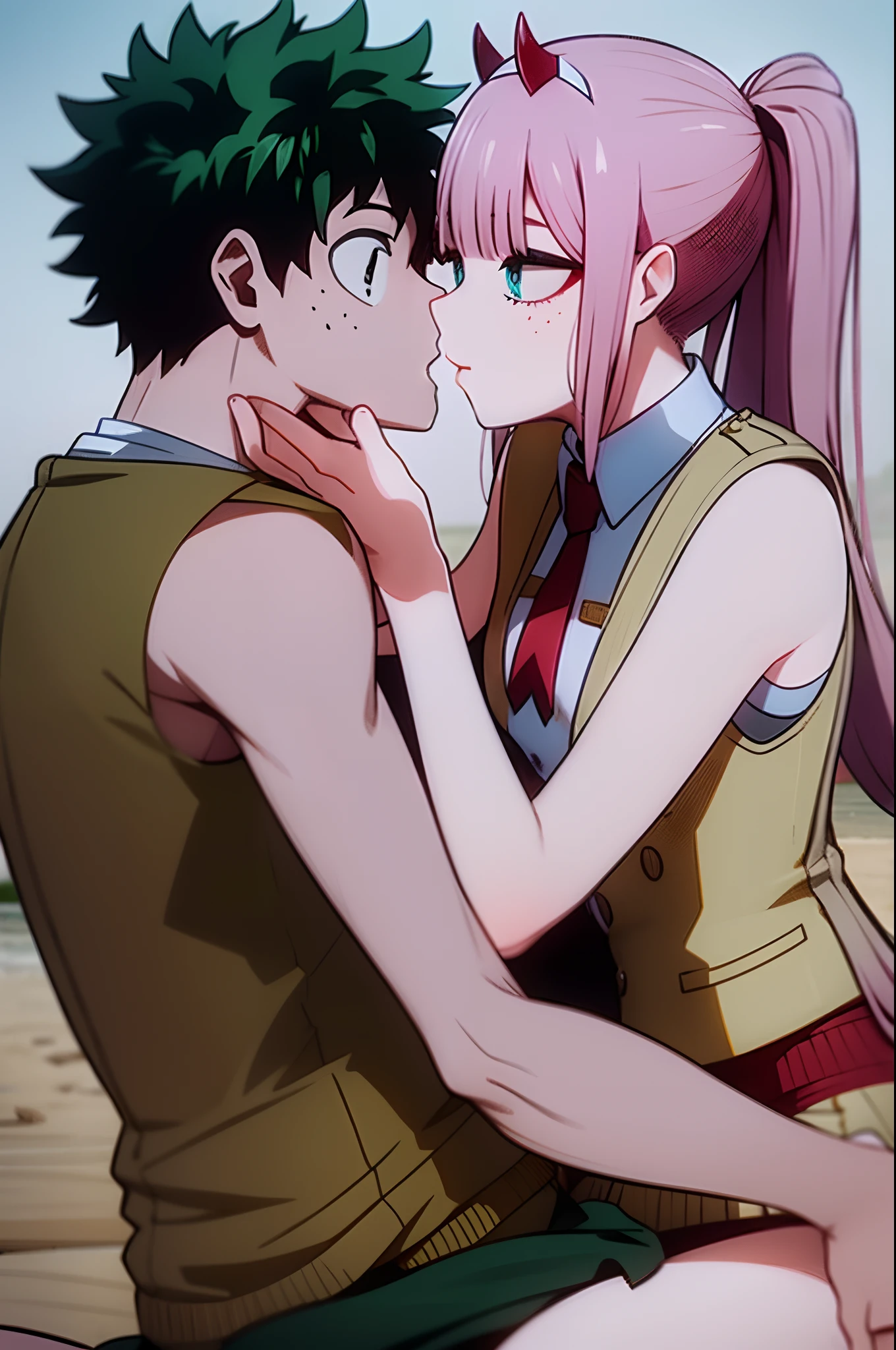 zero two, 1girl, zero two naked_shirt,vest_print:, izuku from bnha, izuku and zero two being a lovey dovey couple very affective in a beach, izuku with pants and pullover, love , happy, ,1girl, sitting, kiss