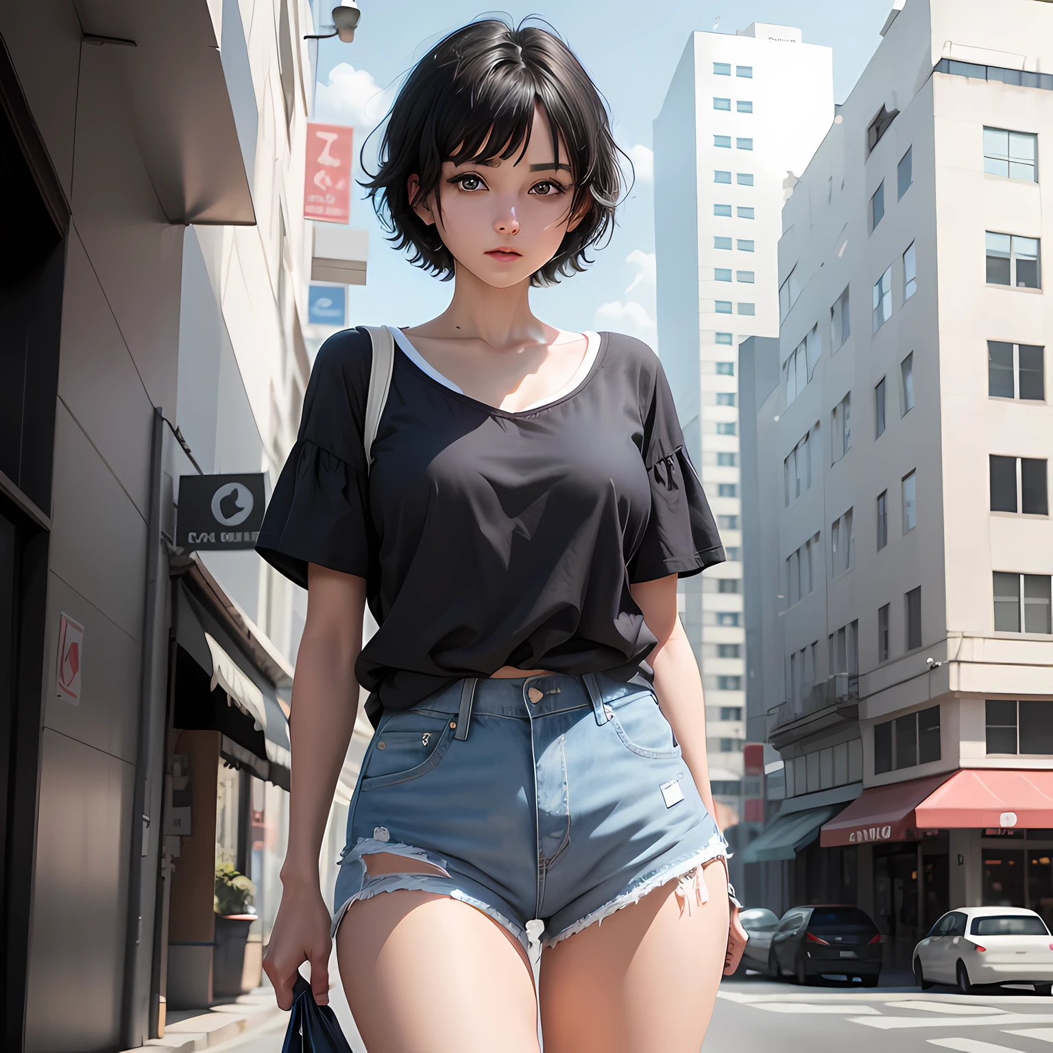 1 girl, short black hair, blue eyes, wearing plain white shirt, denim shorts, city, absurdess, high res, ultrasharp, 8K, masterpiece, looking at viewer
,wet, camel toe,