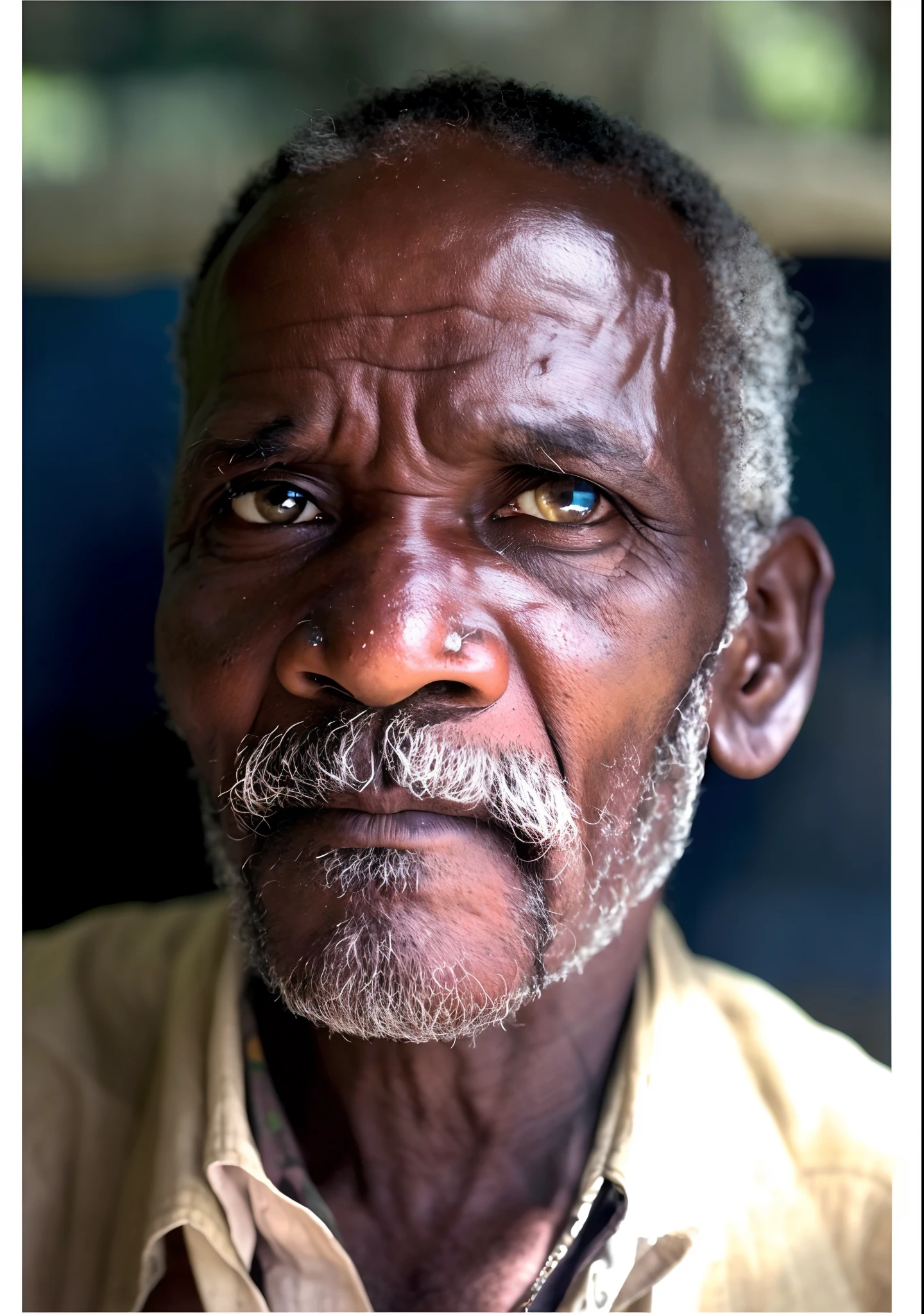 There's a man with a mustache and a beard sitting, foto do retrato de um homem velho, pesado - olhos tampados, Retrato bonito de um desesperado, visual deslumbrante, Imagem absolutamente excepcional, Retrato Grande Angular, retrato impressionante, African facial features, retrato do homem velho, olhar horrorizado em seus olhos, retrato centrado, O olhar de um idoso, anthropological photography