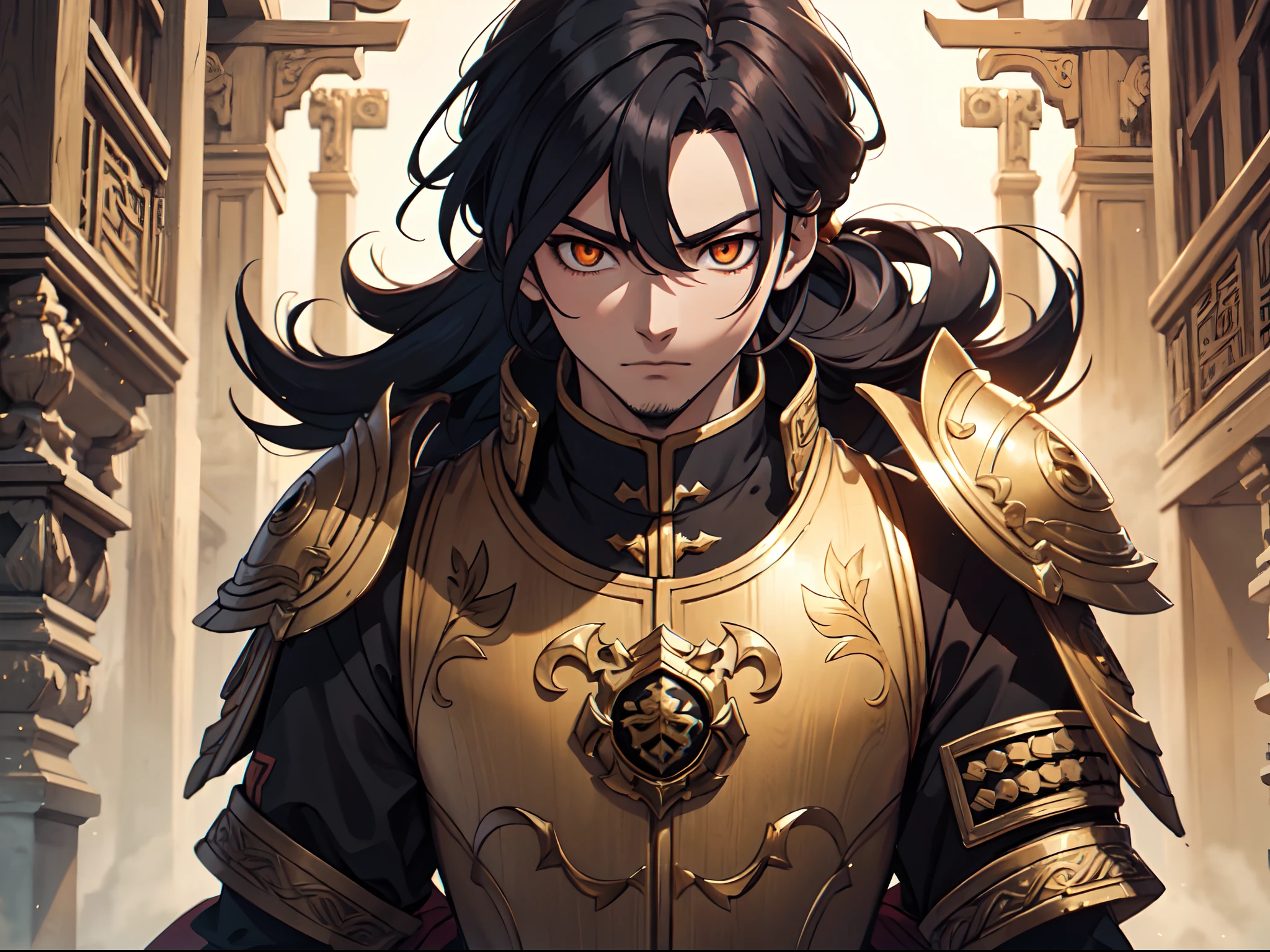 Ultra High Definition, Ultra High Quality, Extremely Detailed, Perfectly Detailed, Masterpiece, 8k, 1 Boy, Look A Like Xin From Kingdom Anime, Handsome, Armored With Chinese Emperor Armor, Black And Orange Pupil Eyes, Black Long Hair Tied, Full Body Shot, Ancient Kingdom Background