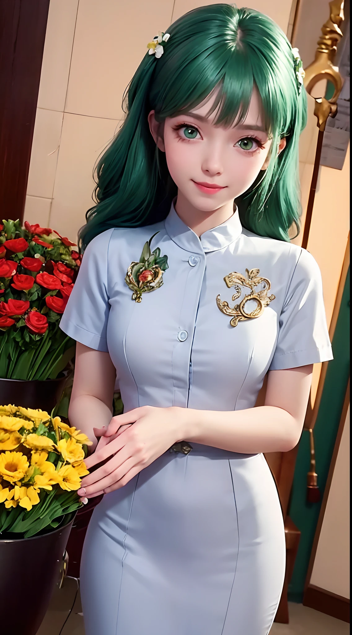 1girl,moyou,full body,black background,characters are full of composition, green hair, green eyes,8k, Perfect human body, Real person, Photorealistic, RAW photo, Real human face, Real human face skin, (looking at the camera with pure love eyes), cute look, showing the whole body, up do hair- green, no makeup, beautiful white skin, real human green cute eyes, cute face, movie lighting, no makeup, beautiful white skin, working at the flower shop, making a bouquet, wearing a staff uniform with a navy blue apron and a white button-up shirt, and serving with a shy smile,