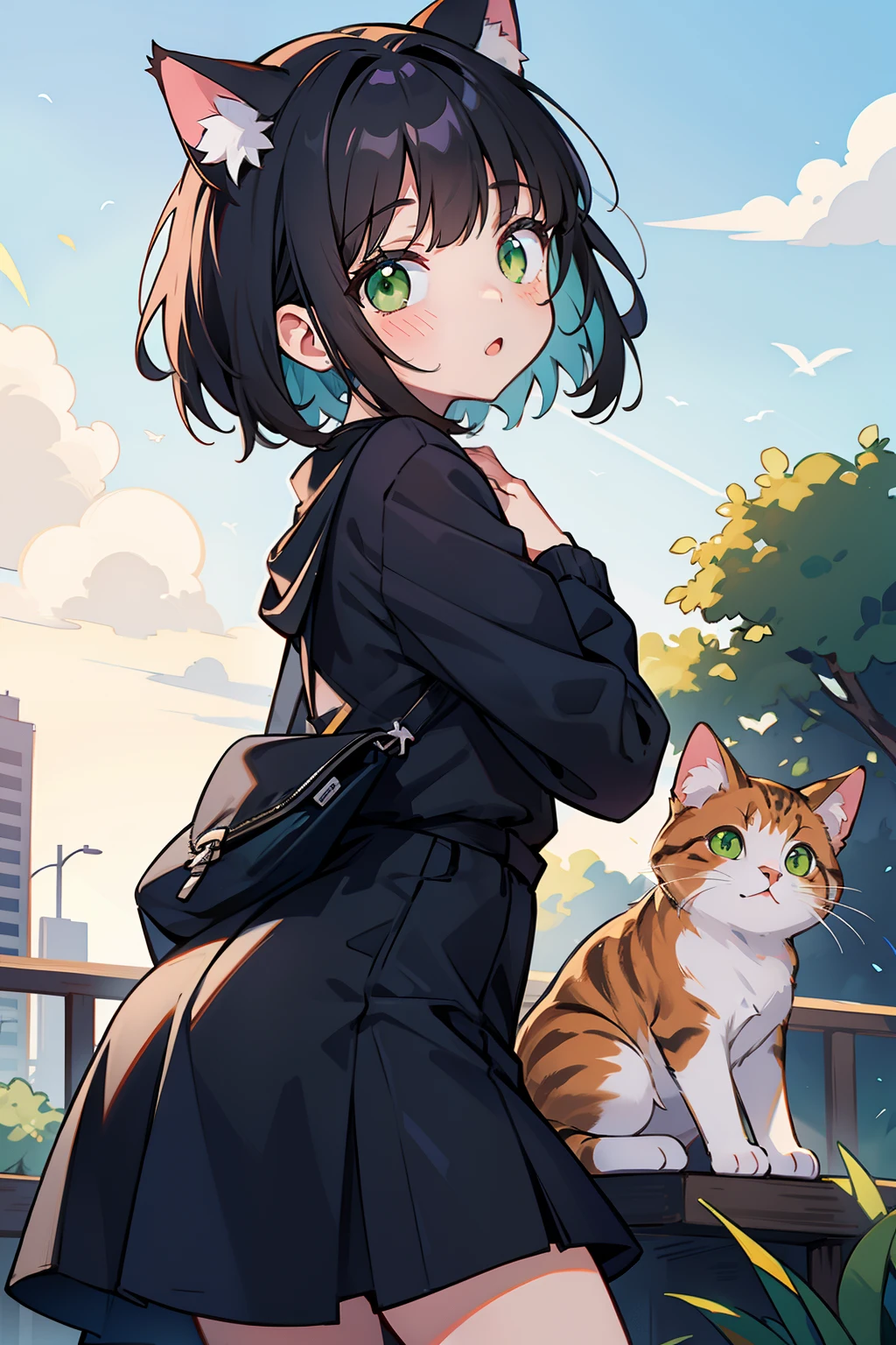 1 cat girl, short black hair, green eyes