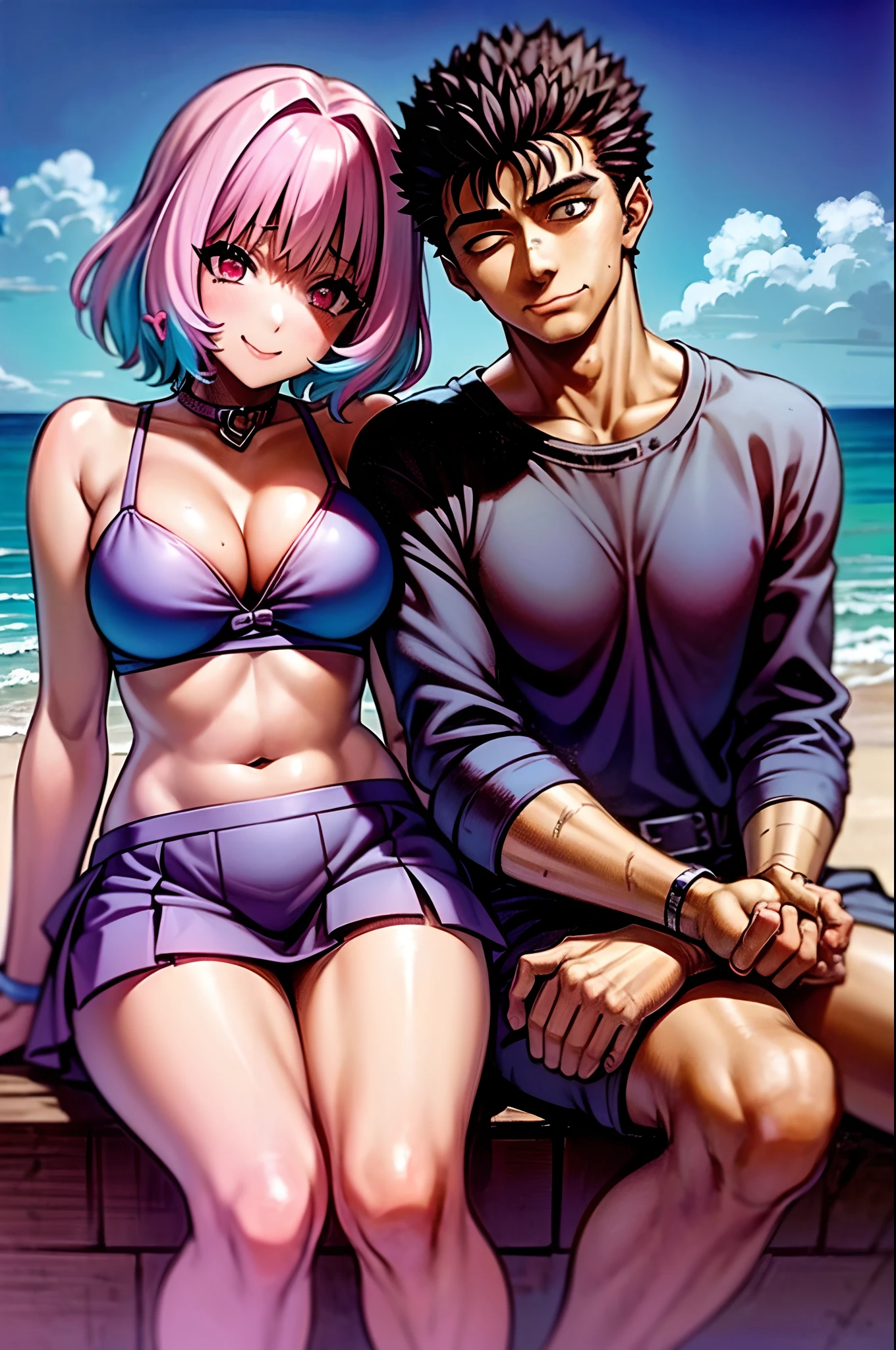 masterpiece, best quality, 1girl, riamu, blue shirt, pleated skirt, solo, simple background, bikini, beach, riamu and guts, husband and wife, couple happy in a beach, , purple hair,1boy, sitting in couple, affection, love,relationship, lovey dovey, happy, , smile,