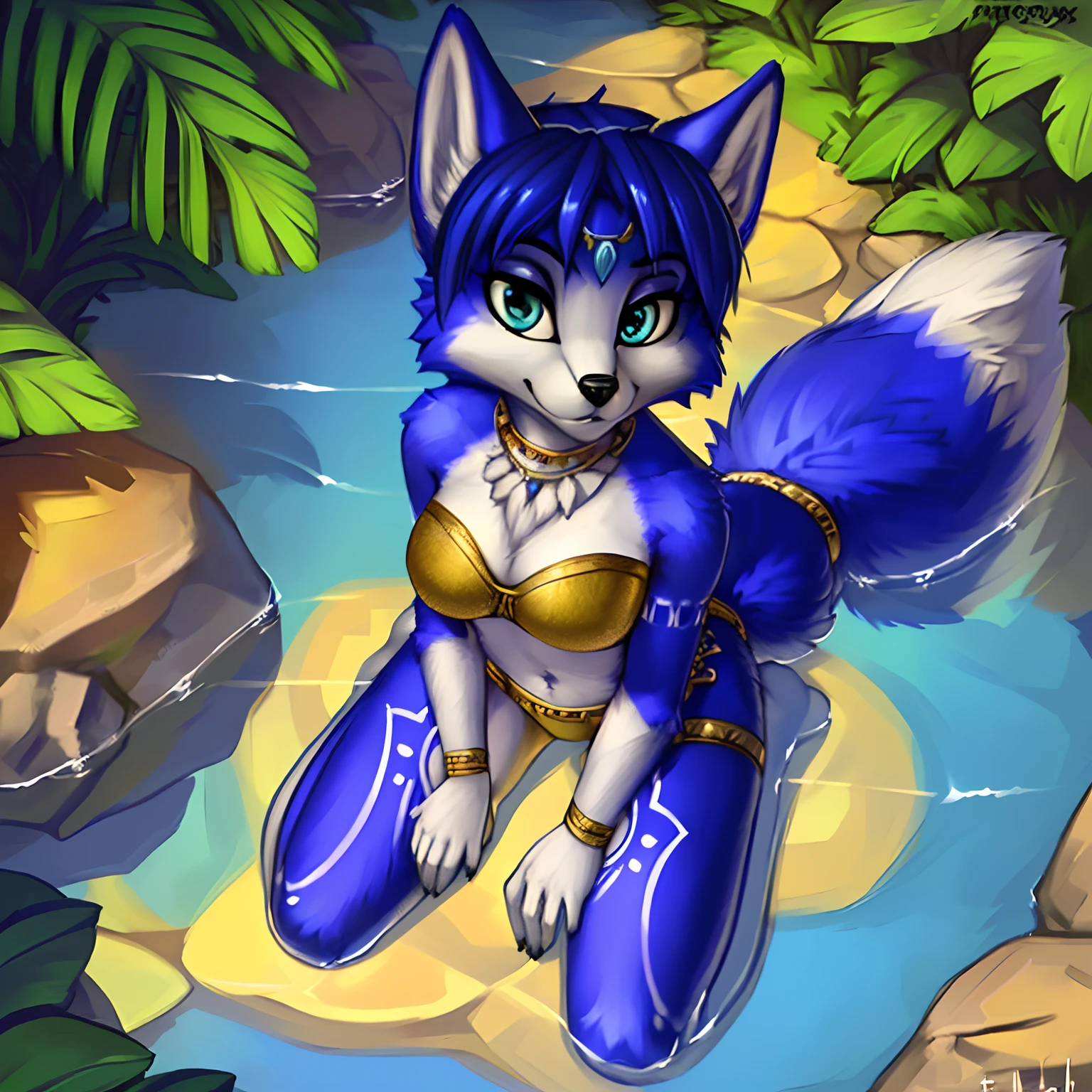 [Krystal_(starfox)], [Uploaded to e621.net; (Pixelsketcher), (foxovh), (fluffkevlar], ((masterpiece)), ((solo portrait)), ((full body)), ((bird's-eye view)), ((furry; anthro fox)), ((detailed fur)), ((intricate details)), ((reflective lighting)), ((detailed shading)), ((beautiful 2D art)), {anthro; blue fur, black nose, (white body markings), short blue hair, beautiful eyes, (seductive gaze), (seductive gaze)}, {(tribal outfit), (gold strapless bra), (white thong), (midriff), cleavage, curvaceous hips), (beautiful legs)}, {(in water), (on knees), (all fours), (legs spread open), (looking ahead)}, [background; (palm trees), (stones), (sunset)]