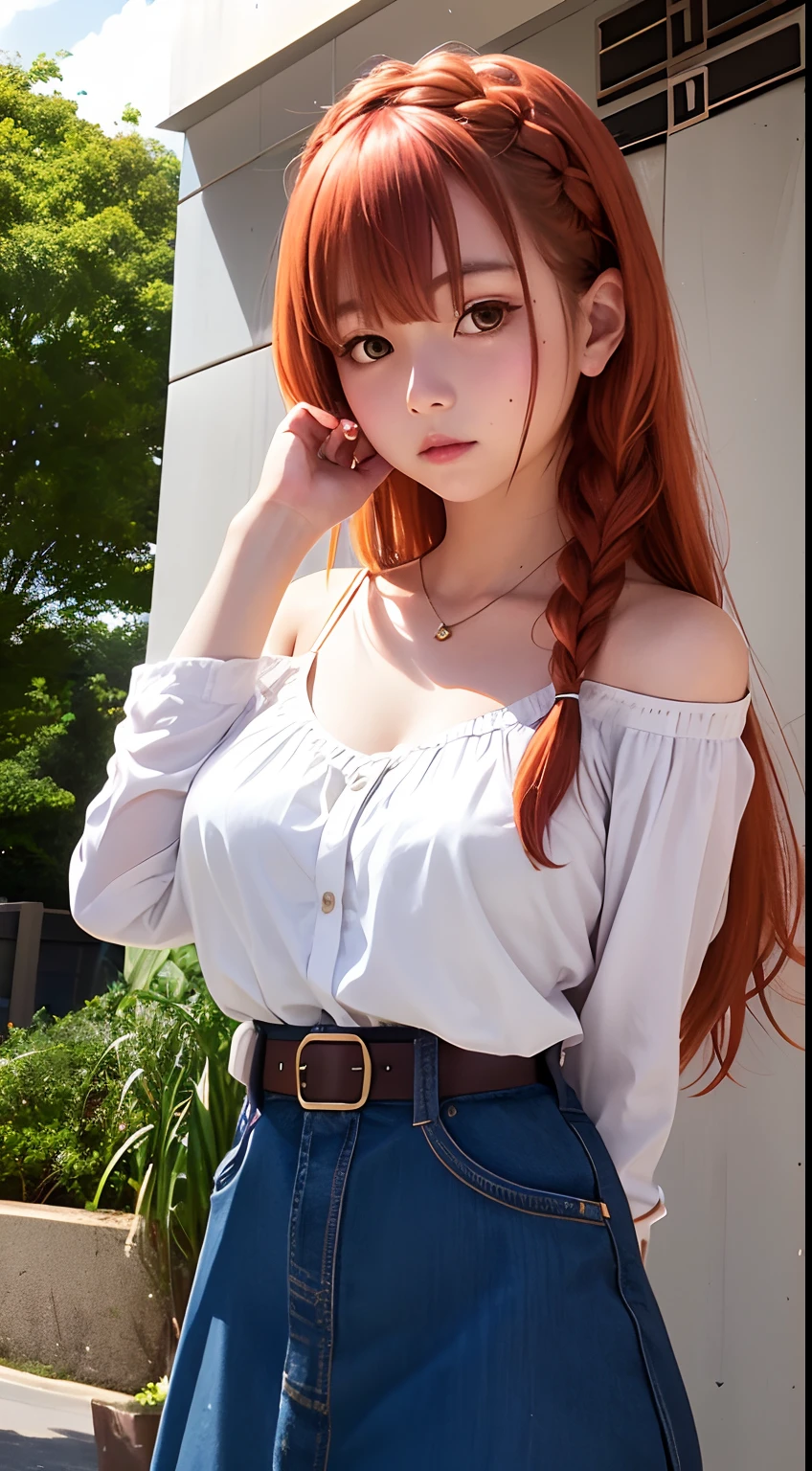 aika, 1girl, solo, long hair:1.5, looking at viewer, blush, bangs, closed mouth, green eyes, braid, orange hair, shy, tsundere, jewelry, collarbone, off-shoulder shirt, white shirt, puffy short sleeves, belt, skirt, floral print, bare legs, city, absurdres, 8k, beatifull lamppost, beatifull lights, arms behind back, huge breast