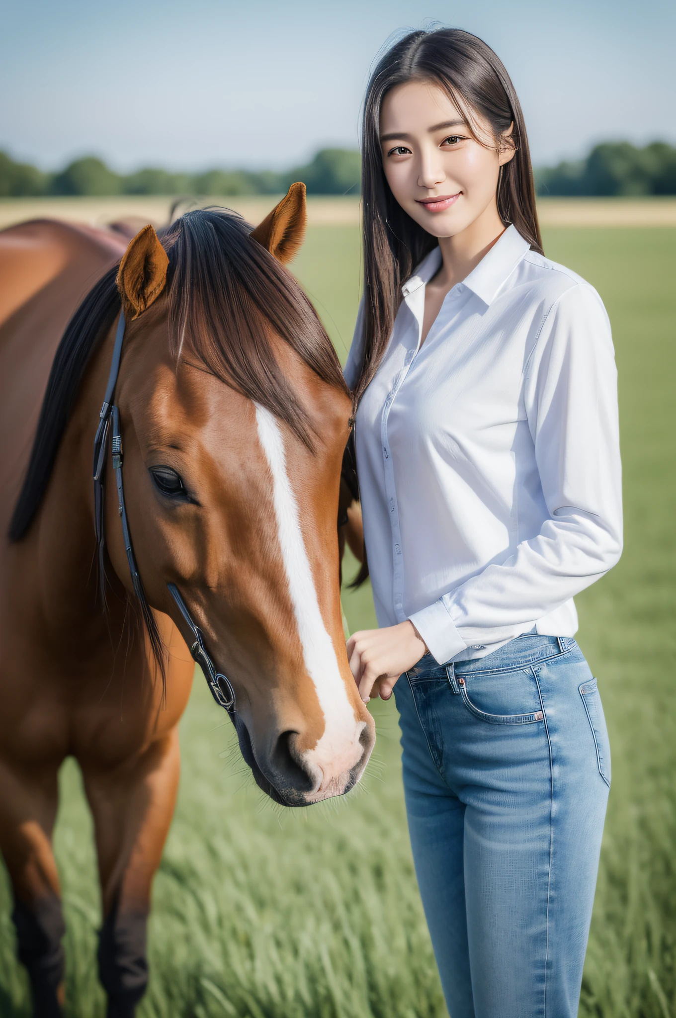 ((Best quality, 8k, Masterpiece :1.3)),full body,1girl,Ultra-detailed face, Detailed eyes, 20yr old、A Japanese Lady、Height 160cm、Double eyelids、whiteshirt、denim pant、mont、blue-sky、grass field、Stand beside the horse、Brown horse,A slight smil、Petting a horse