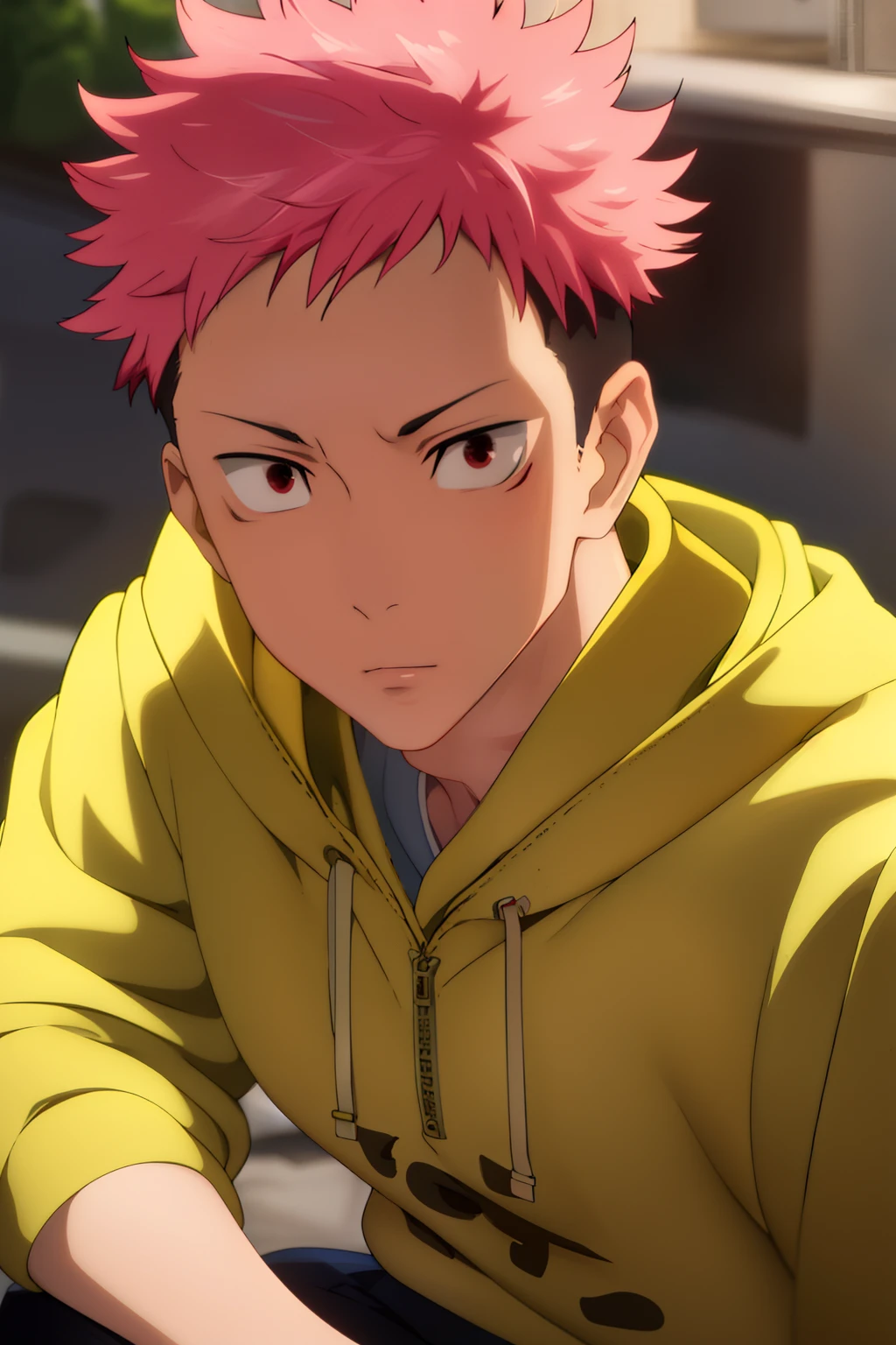 masutepiece, Best Quality, High quality, 1boy, Solo, Male Focus, Looking at Viewer, Upper body, Knotweed_Yuji, Pink hair, Undercut,
