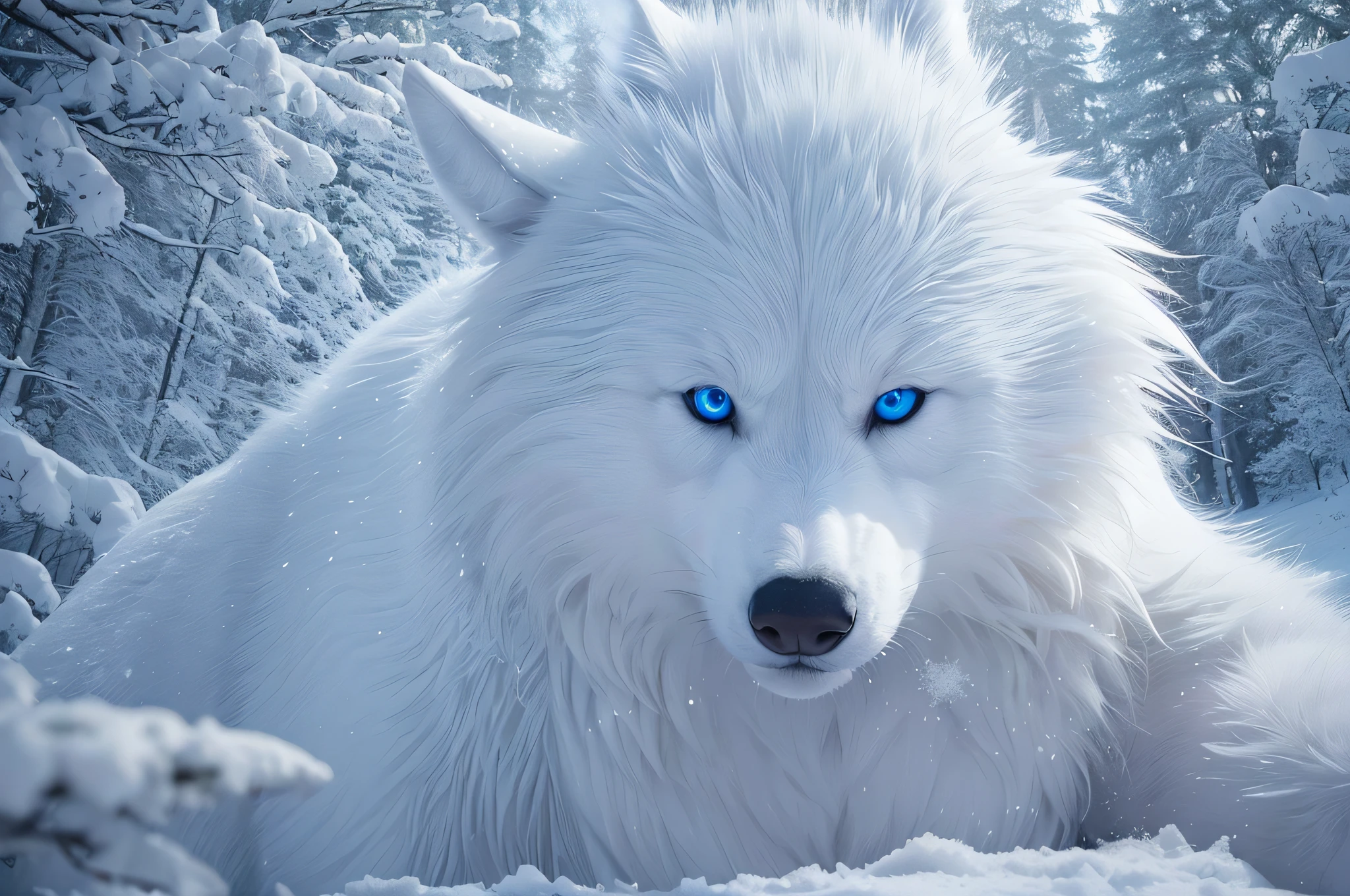 winter wolf with piercing blue eyes and white fur, set in a Scandinavian forest in winter with snow. The wolf is highly detailed, strong, and big. It is looking directly at the viewer, portraying a slender and fluffy appearance.