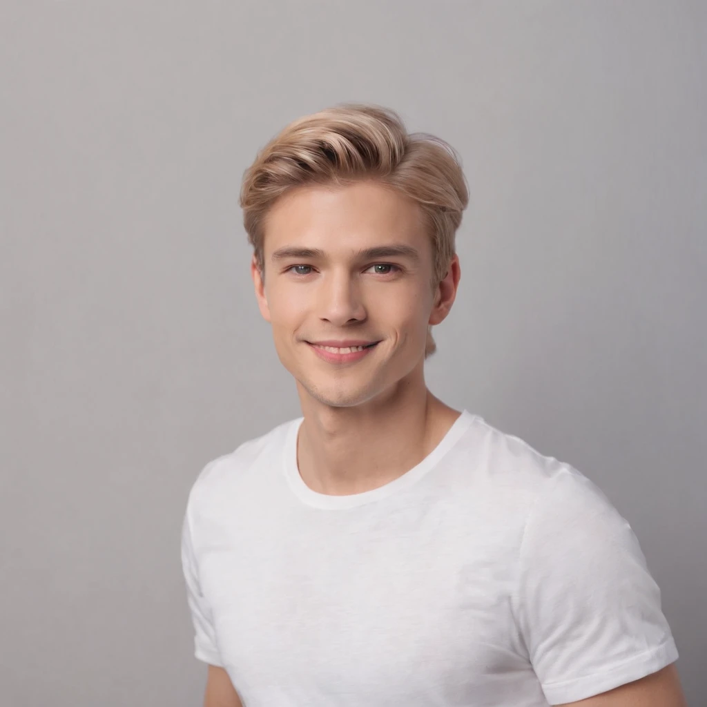 (photo: 1.3) af (photorealism: 1.3), male avatar, soft light, blonde, long hair, facial focus, (((white t-shirt))) happy, cheerful, smiling, warm light, ((solid color background)),((grey background)).((grey wall background)),profile picture,(long or short hair),smile,handsome,young,,short hair,smile,(close-up)