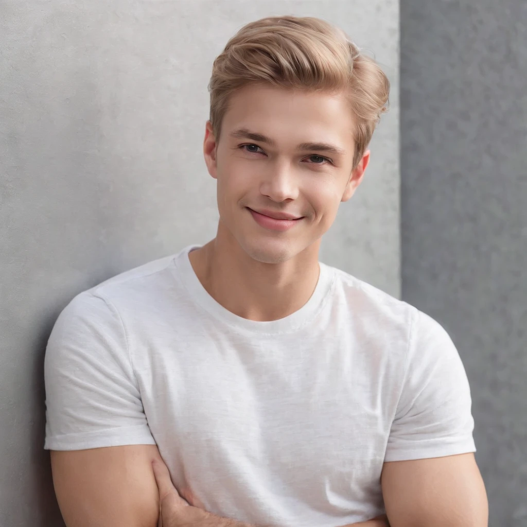 (photo: 1.3) af (photorealism: 1.3), male avatar, soft light, blonde, long hair, facial focus, (((white t-shirt))) happy, cheerful, smiling, warm light, ((solid color background)),((grey background)).((grey wall background)),profile picture,(long or short hair),smile,handsome,young,,short hair,smile,(close-up)