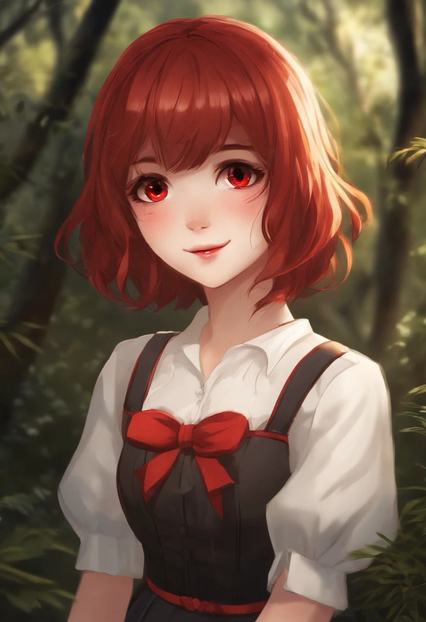 [[Clannard style]], [[A cute short haircute，Girl with red bangs]], [[Red eyes]], [[Gloomy, dark forest background]], [[Poor natural lighting]], [[Great quality]],[[Masterpiece]], [[best artist]], [[Best performance]], [[16K quality]], [[hdr+]]
