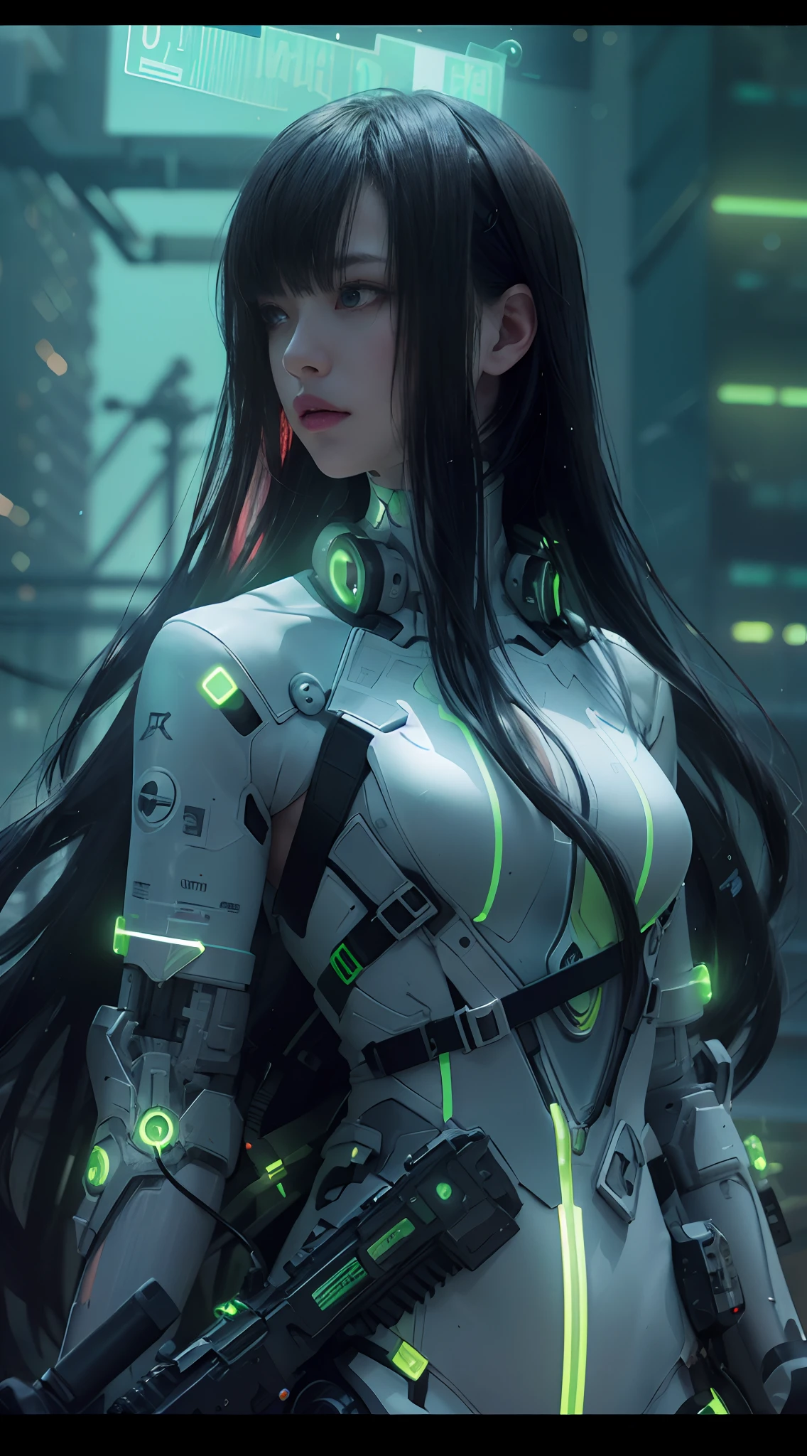 a girl with long hime hair cut, shot gun, sitting on the roof, (Neon lime green) Total AI augmentation android, creepy aesthetic, binary symbols background, futuristic, Ghost In The Shell, Major Mokoto Kusanagi, photorealistic, 35mm film, Canon 5D Mark III, fullbody shot, (masterpiece, high res, high quality, best quality)