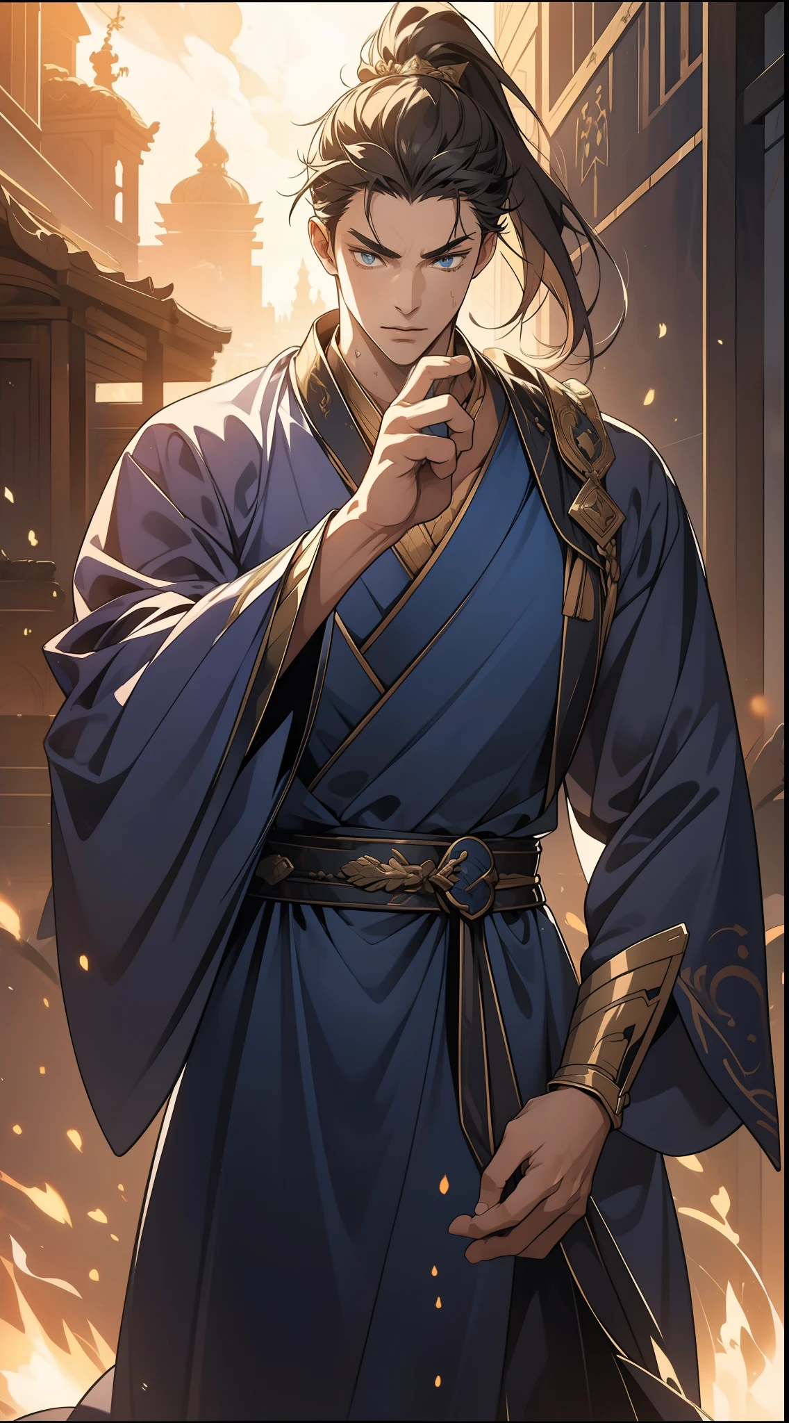 quadratic element，style of anime，mtu（Male Warrior），The proportions are correct，Face details，swordsmen，High ponytail hairstyle，Neck details，There is an Adam's apple，Blue suit，kaftan，long blue robes，clothes details，Handing over，longer sleeves，Game quality，Swordsmanship，Light and shadow tracking，Ray traching，detailed glow，cg render，hair detail，cabelos preto e longos，blue colored eyes，Handsome，Handsome，（juvenile sense），Clothing is complicated，Perfectcomposition，Refinement，high qulity，higher details，Lots of details，The background is complex，a sense of atmosphere，