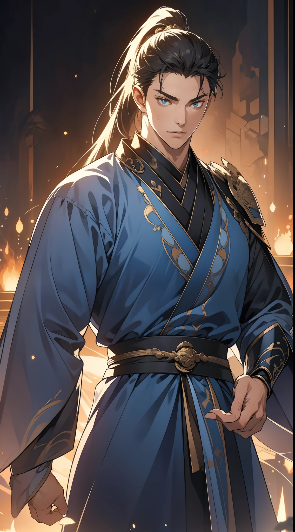 quadratic element，style of anime，mtu（Male Warrior），The proportions are correct，Face details，swordsmen，High ponytail hairstyle，Neck details，There is an Adam's apple，Blue suit，kaftan，long blue robes，clothes details，Handing over，longer sleeves，Game quality，Swordsmanship，Light and shadow tracking，Ray traching，detailed glow，cg render，hair detail，cabelos preto e longos，blue colored eyes，Handsome，Handsome，（juvenile sense），Clothing is complicated，Perfectcomposition，Refinement，high qulity，higher details，Lots of details，The background is complex，a sense of atmosphere，
