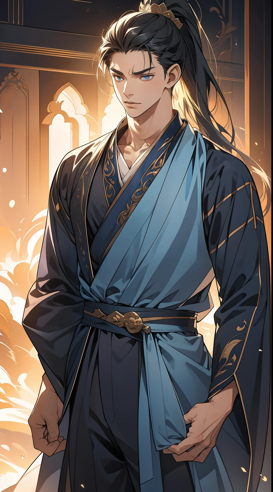 quadratic element，style of anime，mtu（Male Warrior），The proportions are correct，Face details，swordsmen，High ponytail hairstyle，Neck details，There is an Adam's apple，Blue suit，kaftan，long blue robes，clothes details，Handing over，longer sleeves，Game quality，Swordsmanship，Light and shadow tracking，Ray traching，detailed glow，cg render，hair detail，cabelos preto e longos，blue colored eyes，Handsome，Handsome，（juvenile sense），Clothing is complicated，Perfectcomposition，Refinement，high qulity，higher details，Lots of details，The background is complex，a sense of atmosphere，