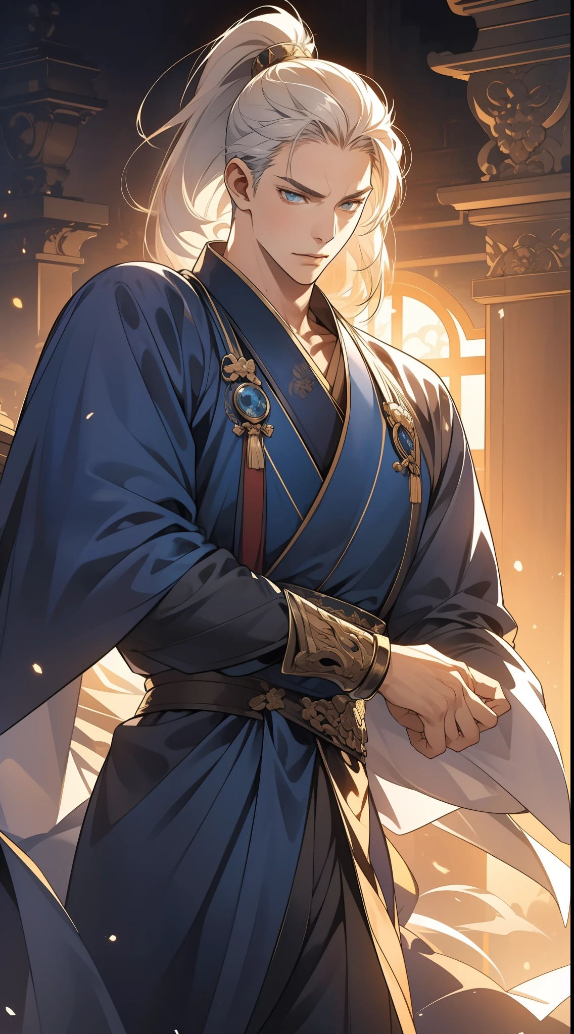 quadratic element,style of anime,mtu(Male Warrior),The proportions are correct,Face details,swordsmen,High ponytail hairstyle,Neck details,There is an Adam's apple,Blue suit,kaftan,long blue robes,clothes details,Handing over,longer sleeves,Game quality,Swordsmanship,Light and shadow tracking,Ray traching,detailed glow,cg render,hair detail,cabelos preto e longos,blue colored eyes,Handsome,Handsome,(juvenile sense),Clothing is complicated,Perfectcomposition,Refinement,high qulity,higher details,Lots of details,The background is complex,a sense of atmosphere,