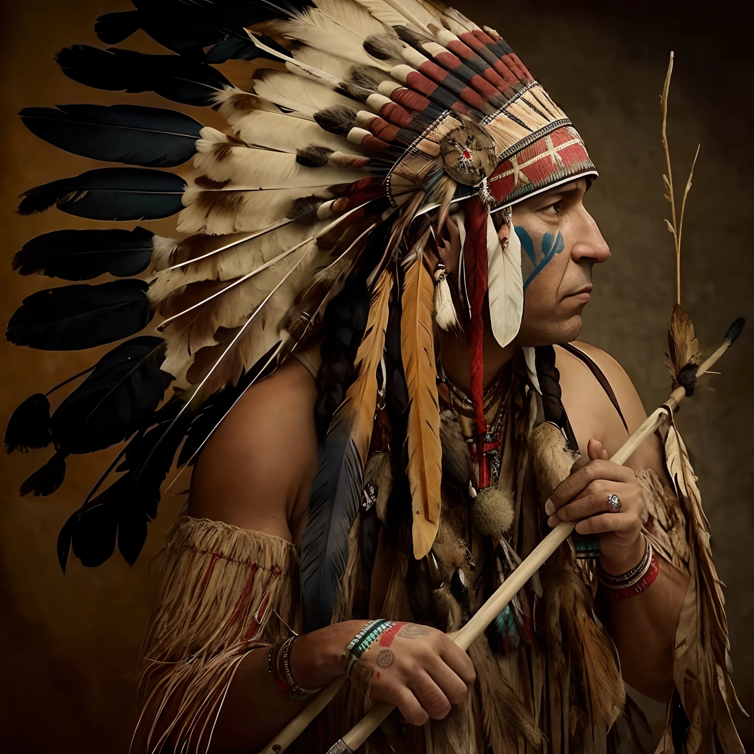 Arafed man in Native American attire holding a baton and a baton, Nativo americano, Um guerreiro nativo americano, Guerreiro nativo americano, Indian warrior, Arte nativa americana, indigenous man, : native american shamen fantasy, Indigenous, american indian headdress, eagle feather, Arte nativa, Cocar, Chapelaria Nativa Americana de Penas, Guerreiro habilidoso do Apache, xamanismo