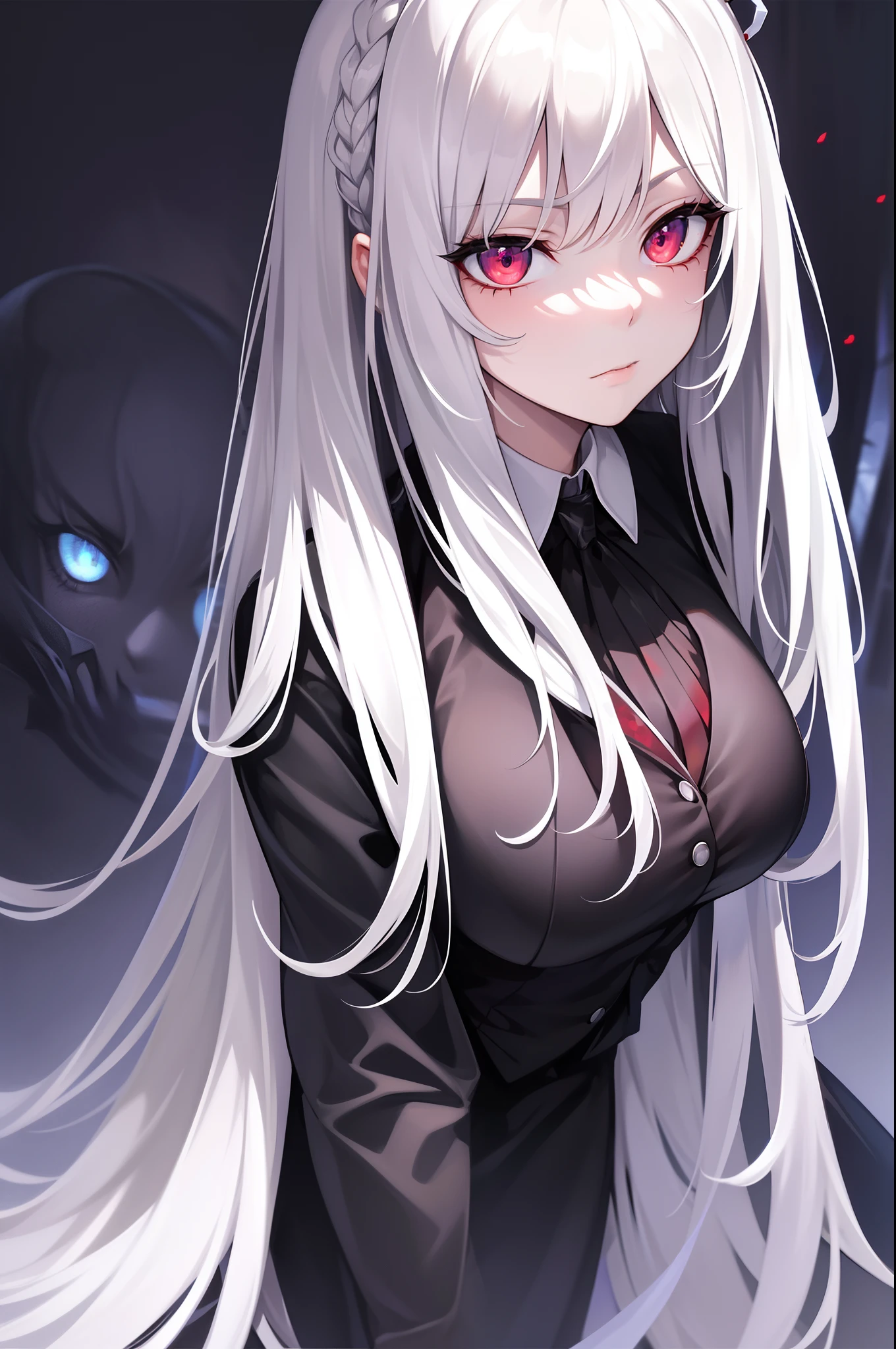 masterpiece,(bestquality),highlydetailed,ultra-detailed,dark,Business suit，1girl,bishoujo,stare,red eyes,beautiful detailed eyes,long hair,white hair,silver_hair,Wing-like bangs，Dull hair,ahoge,Hair rings,Fishtail braided princess head, cold,expressiveless，(Face Shadow:1.3),dark, mysterious, lone, (1killer), intense eyes, shadowy figure, (black suit), (silencer:0.5), (blade:0.7), (blood splatters), (smoke:0.3), (nighttime), moonlit scene