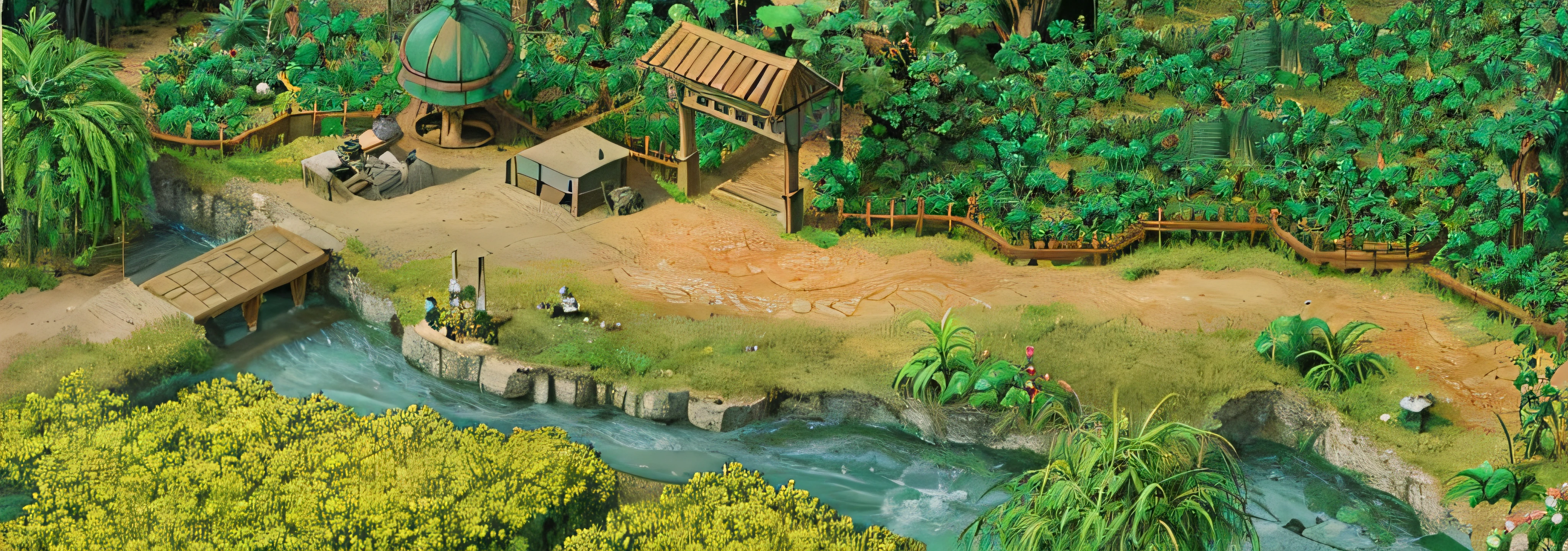 View of Alafid in a small village with river and bridge,Watermelon field, pc screenshot, jungle setting, jungle setting, ingame image, game screenshot, in game graphic, isometric game asset, background jungle, game environment, jungle clearing, detailed screenshot, game screenshot, gameplay still, detailed scenic view, stunning screenshot, . Background: jungle river, detailed surroundings