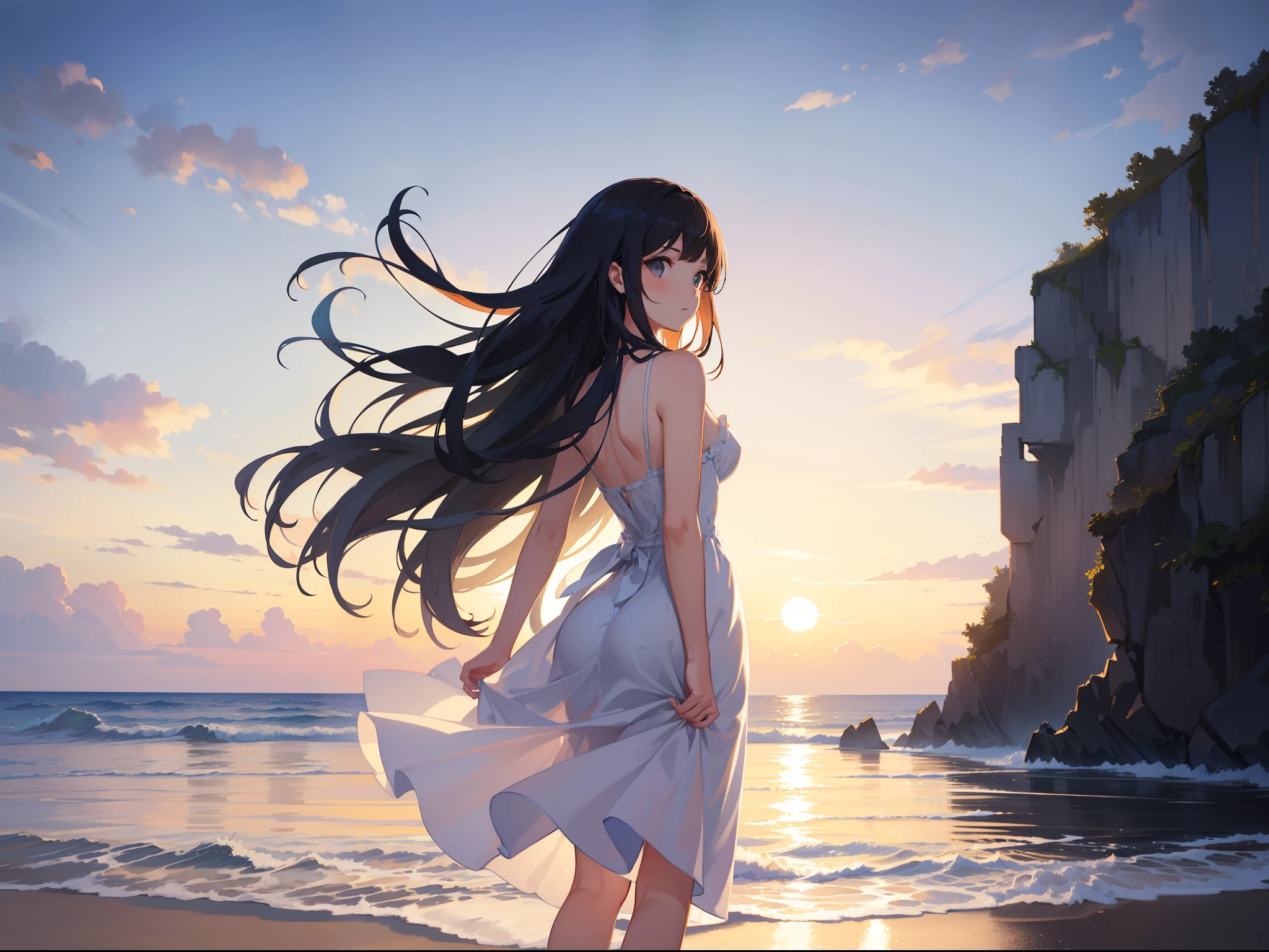 1 girl , standing ,(looking back), from back ,sundress, evening, background sunset and sea, ((masterpiece)), ((best quality)), ((ultra-detailed)), (illustration), ((an extremely delicate and beautiful))