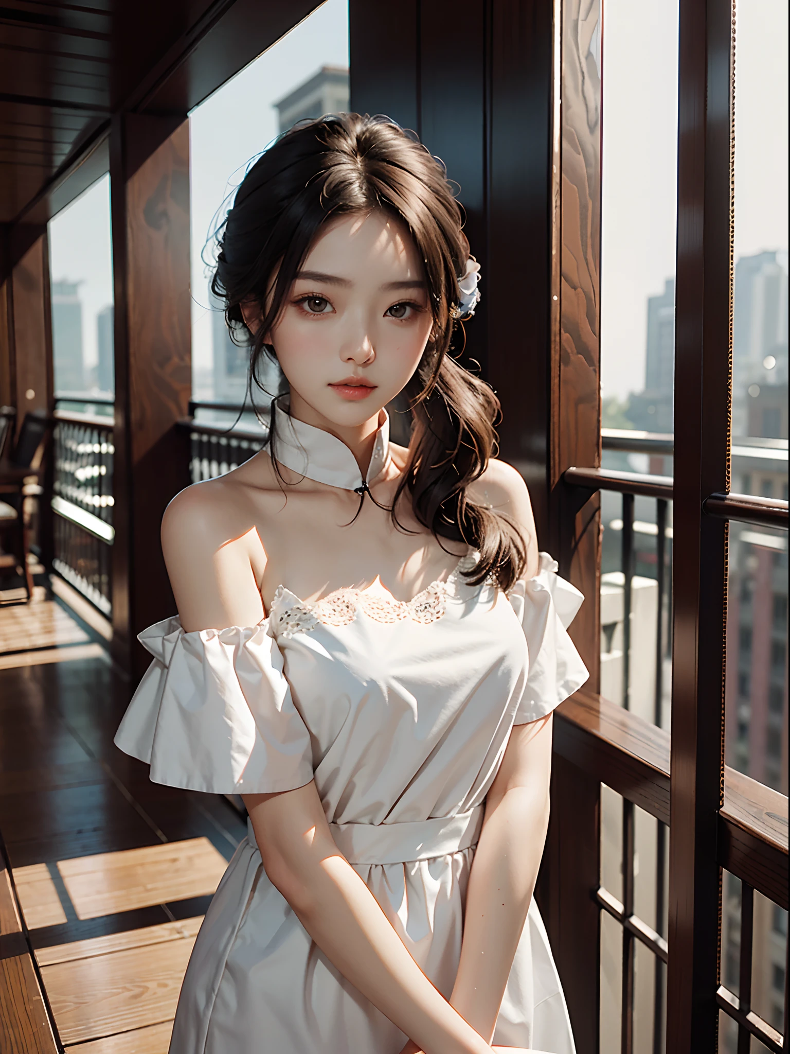 best qualtiy,tmasterpiece,超高分辨率,(fidelity:1.4),RAW photogr,1girl,cropped shoulders,On the balcony