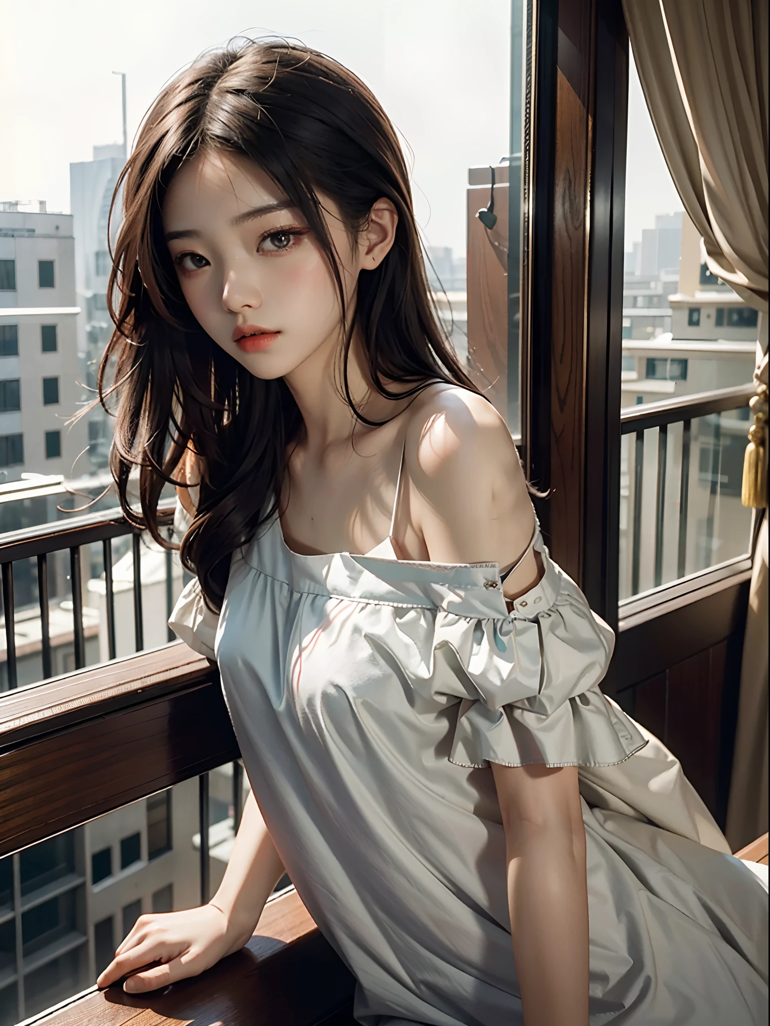 Araffe asian woman in a white dress sitting on a window sill - SeaArt AI