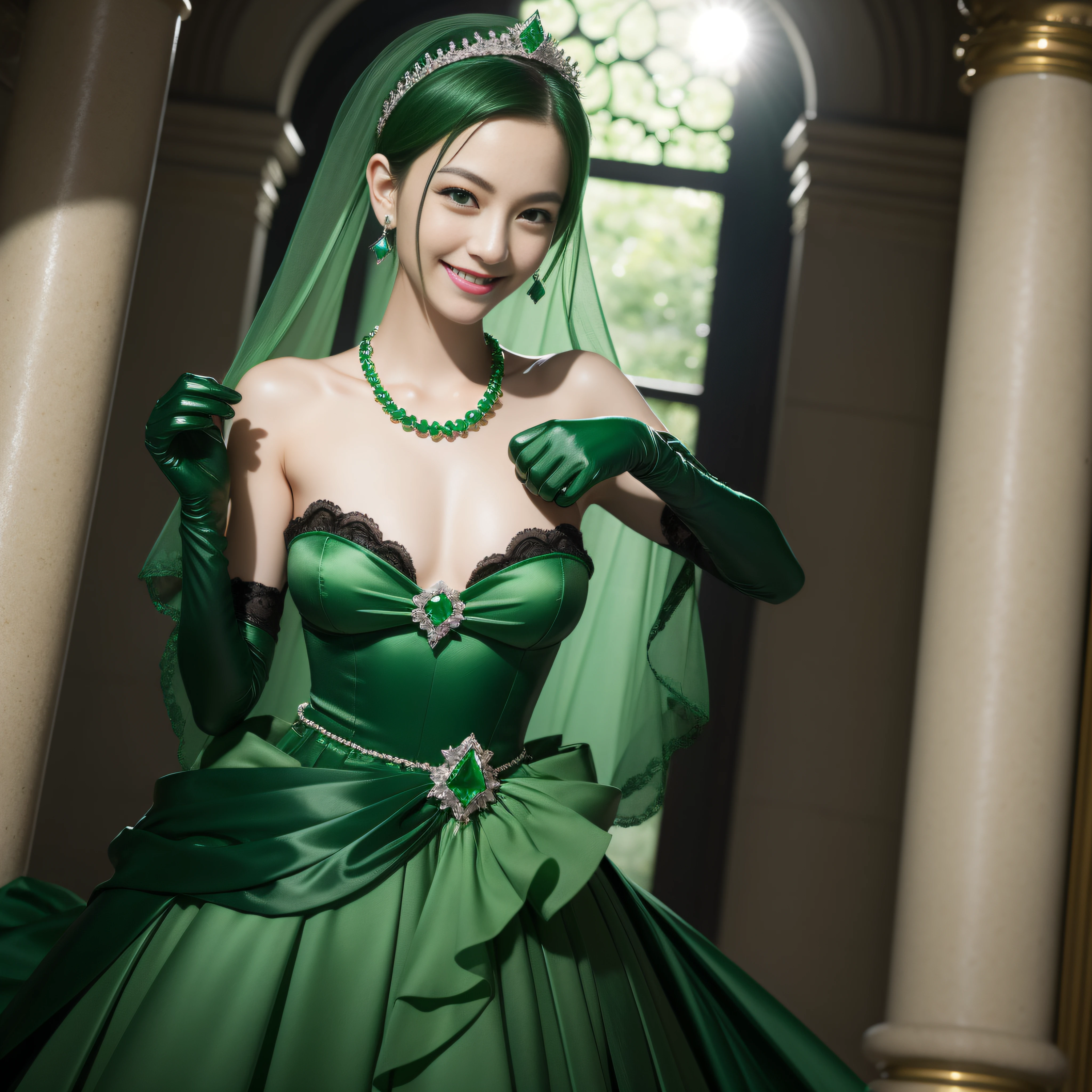emerald tiara, Green Pearl Necklace, Boyish very short green hair, lipsticks, Japan woman smiling, Long green gloves made of satin material, very short short hair, Guts Pose, Green eyes