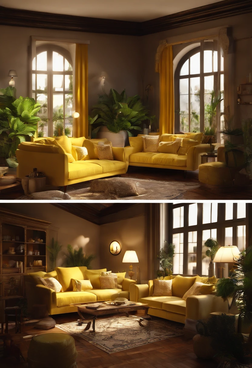 Crazy meticulous dollhouse, Comfortable bedroom, Cute 3d render, Attractive lights and shadows, White and yellow cushions, architecture, tables and chairs, Indoors, Building, Living room, Room, rug, a plant, Home décor, sofe, chair, Interior design