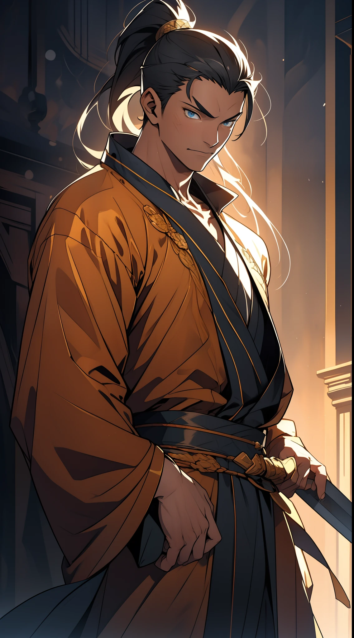 quadratic element,style of anime,mtu(Male Warrior),The proportions are correct,Face details,swordsmen,High ponytail hairstyle,Neck details,There is an Adam's apple,Yellow suit,kaftan,yellow robes,clothes details,Handing over,longer sleeves,Game quality,Swordsmanship,Light and shadow tracking,Ray traching,detailed glow,cg render,hair detail,cabelos preto e longos,blue colored eyes,Handsome,Handsome,(juvenile sense),Clothing is complicated,Perfectcomposition,Refinement,high qulity,higher details,Lots of details,The background is complex,a sense of atmosphere,