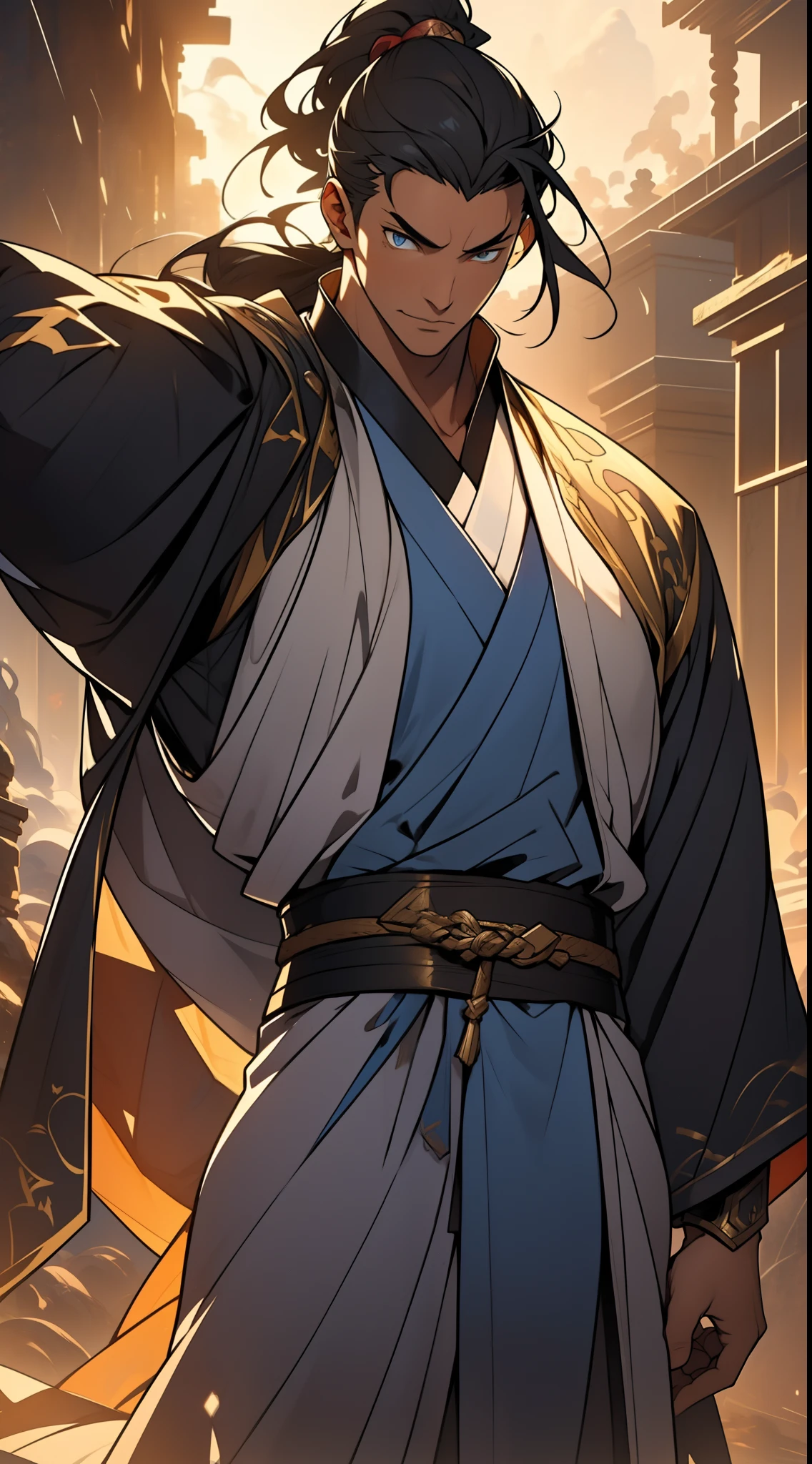 quadratic element，style of anime，mtu（Male Warrior），The proportions are correct，Face details，swordsmen，High ponytail hairstyle，Neck details，There is an Adam's apple，Yellow suit，kaftan，yellow robes，clothes details，Handing over，longer sleeves，Game quality，Swordsmanship，Light and shadow tracking，Ray traching，detailed glow，cg render，hair detail，cabelos preto e longos，blue colored eyes，Handsome，Handsome，（juvenile sense），Clothing is complicated，Perfectcomposition，Refinement，high qulity，higher details，Lots of details，The background is complex，a sense of atmosphere，